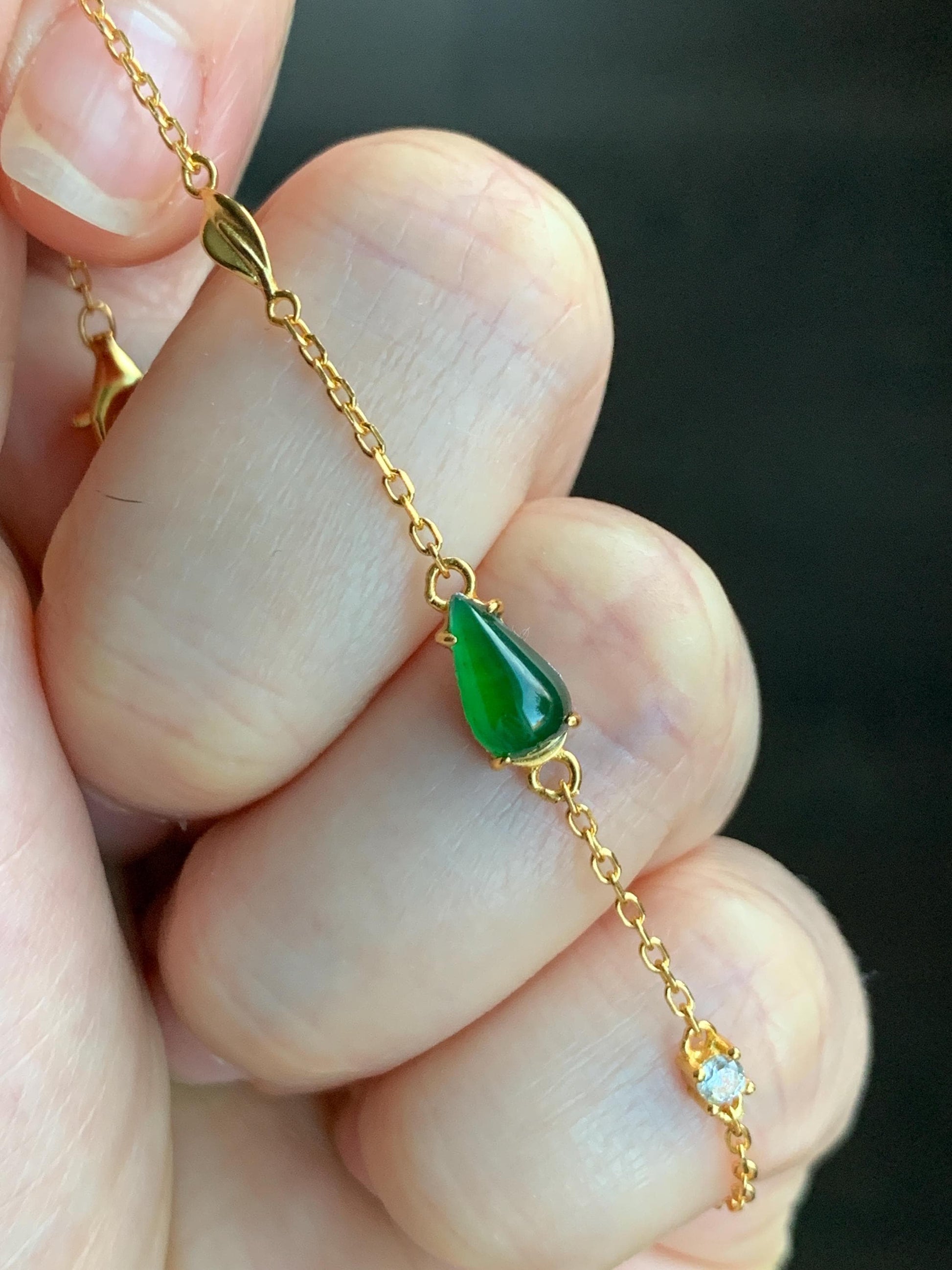 Natural Grade A Guatemalan Icy Translucent Vibrant Green Jadeite Teardrop Cabochon Chain Bracelet Sterling Silver 6.25"-7.5" 天然冰危绿翡翠水滴银手链