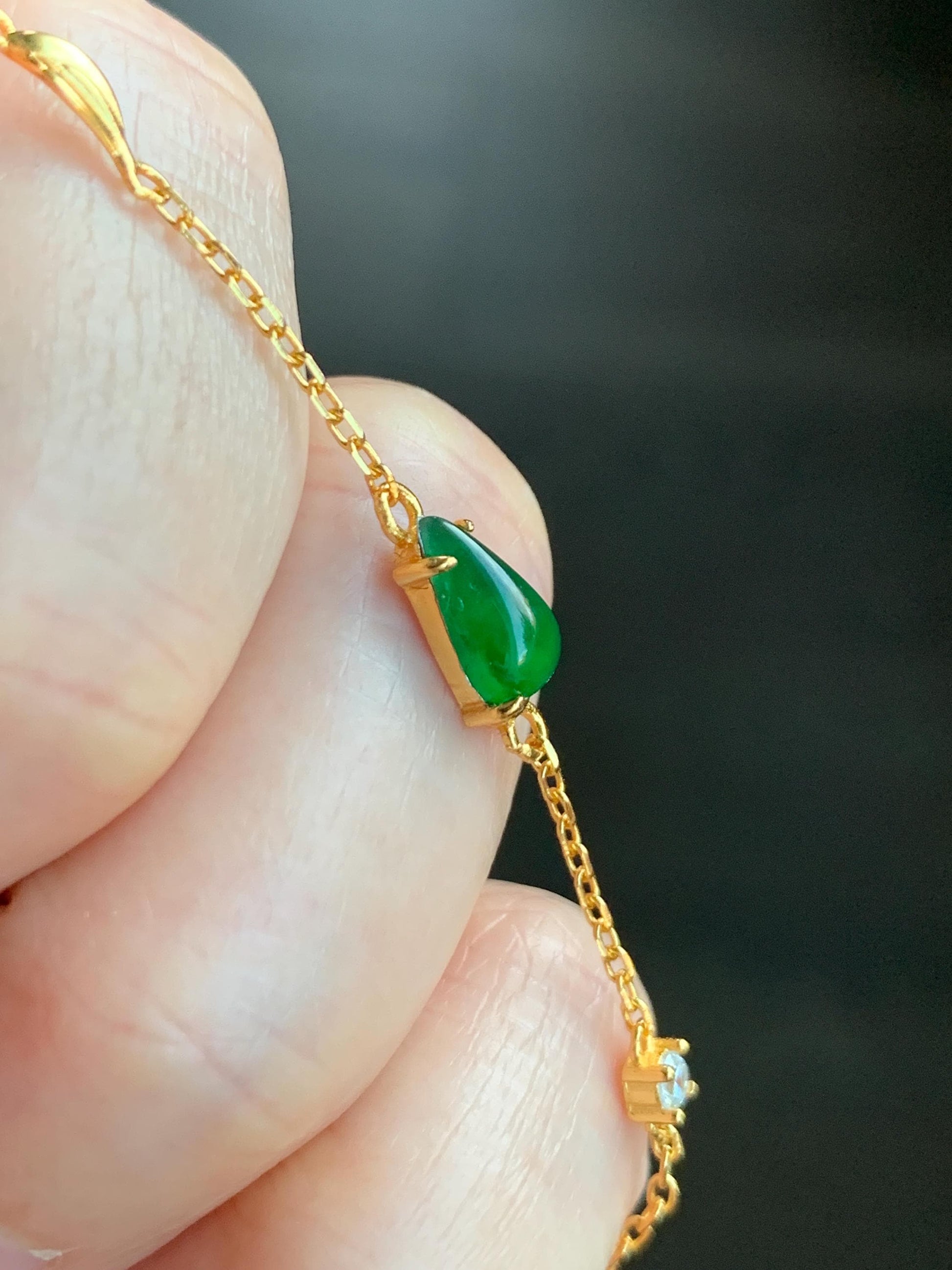 Natural Grade A Guatemalan Icy Translucent Vibrant Green Jadeite Teardrop Cabochon Chain Bracelet Sterling Silver 6.25"-7.5" 天然冰危绿翡翠水滴银手链
