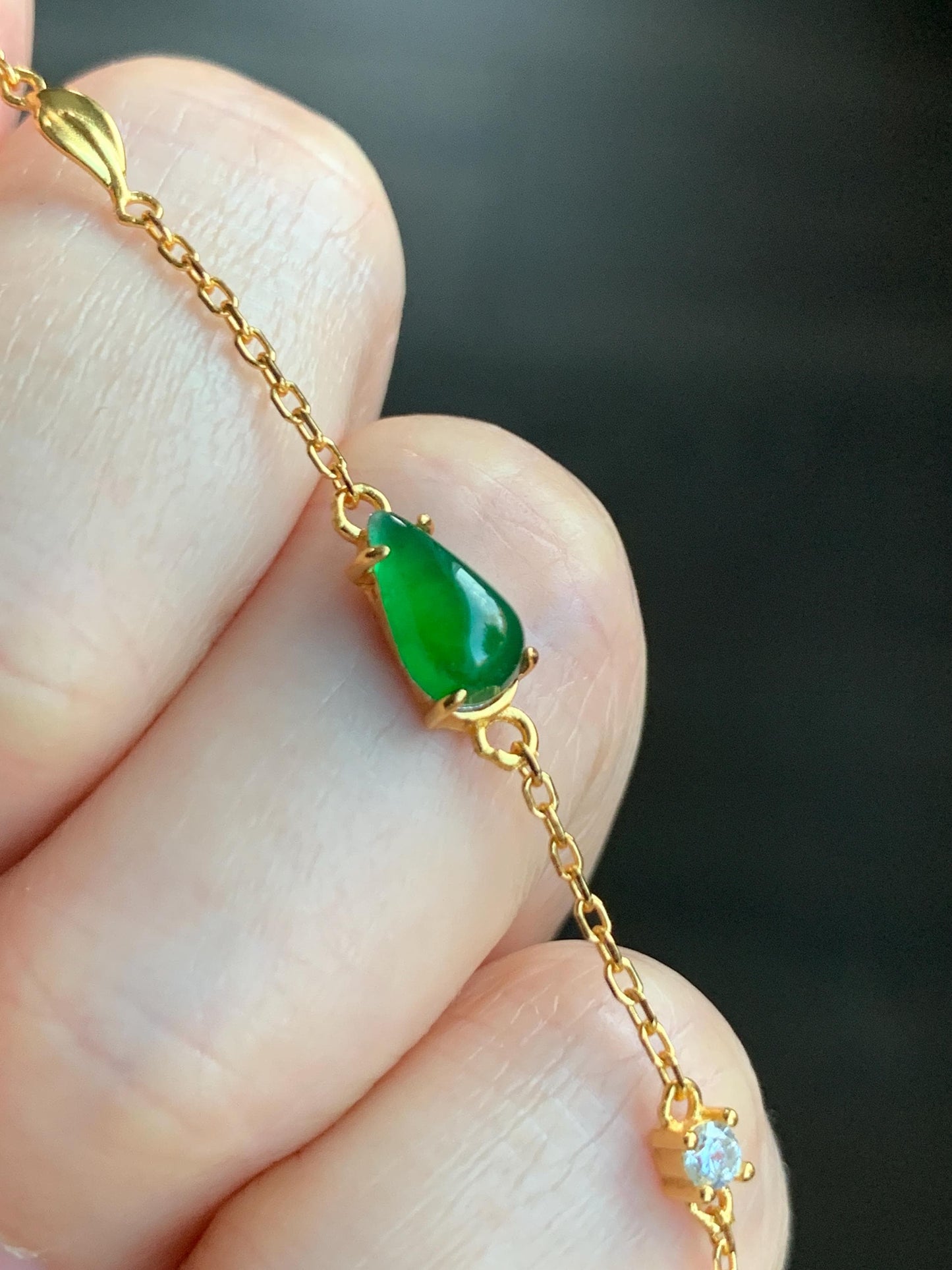Natural Grade A Guatemalan Icy Translucent Vibrant Green Jadeite Teardrop Cabochon Chain Bracelet Sterling Silver 6.25"-7.5" 天然冰危绿翡翠水滴银手链