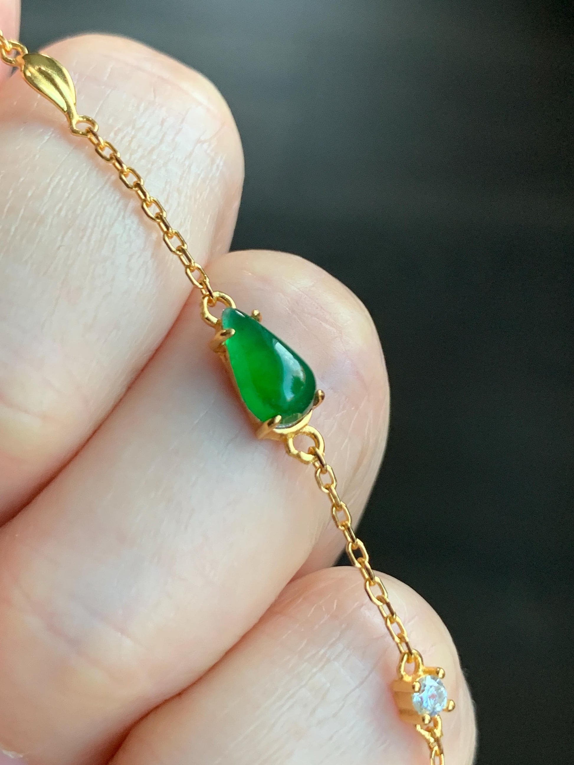 Natural Grade A Guatemalan Icy Translucent Vibrant Green Jadeite Teardrop Cabochon Chain Bracelet Sterling Silver 6.25"-7.5" 天然冰危绿翡翠水滴银手链
