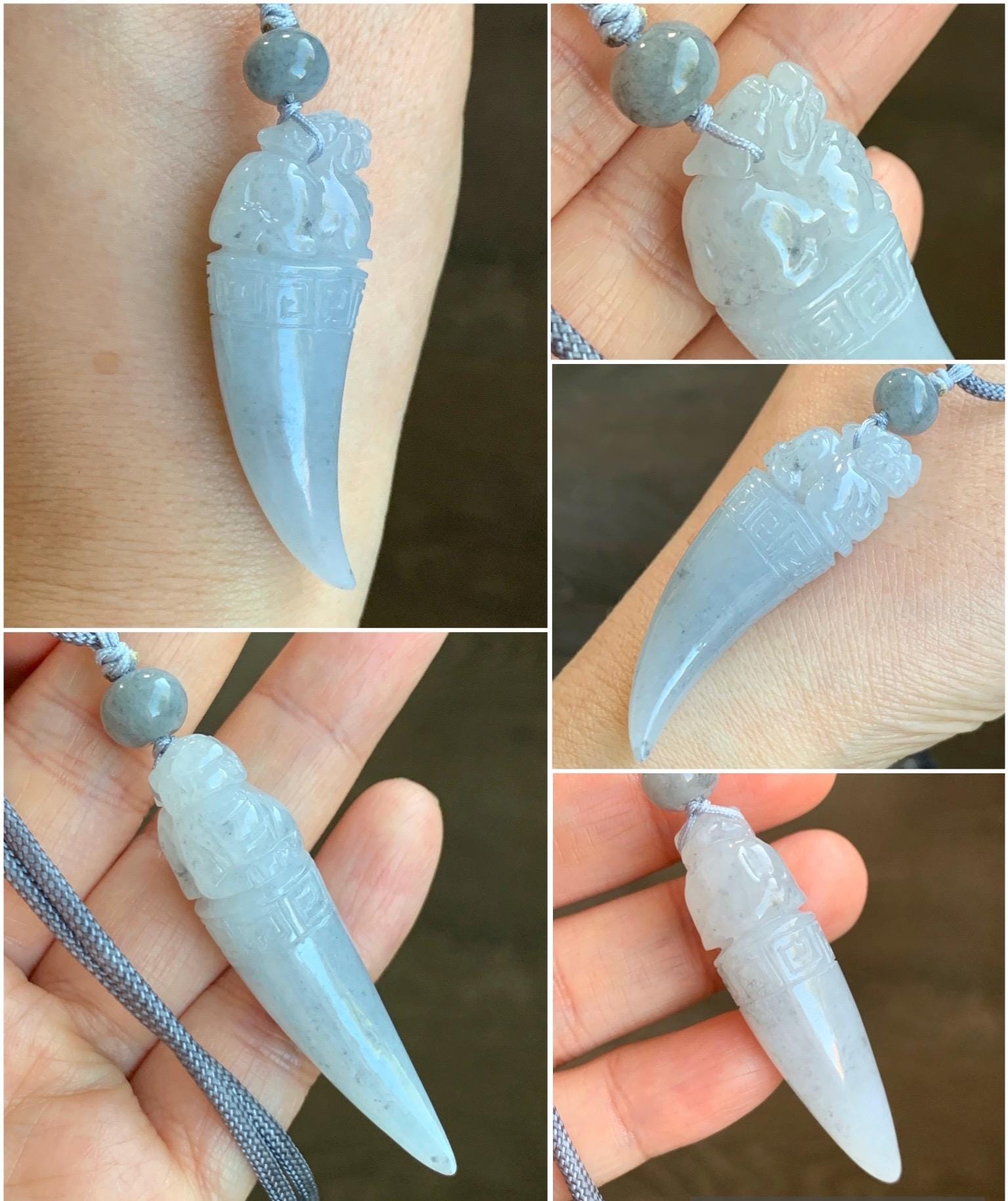 Natural Grade A Icy Translucent Gelatinous Light Wuji Jadeite Carved Pixiu Tooth Pendant Rope Necklace 25” Adjustable 18g 天然冰胶淡乌鸡翡翠貔貅牙吊坠挂件