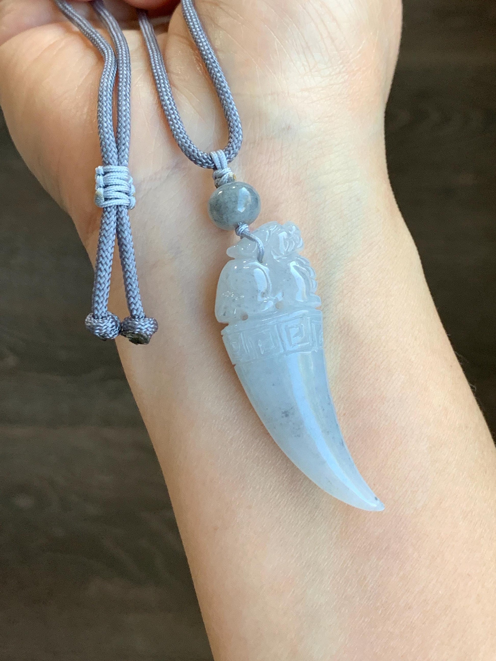 Natural Grade A Icy Translucent Gelatinous Light Wuji Jadeite Carved Pixiu Tooth Pendant Rope Necklace 25” Adjustable 18g 天然冰胶淡乌鸡翡翠貔貅牙吊坠挂件