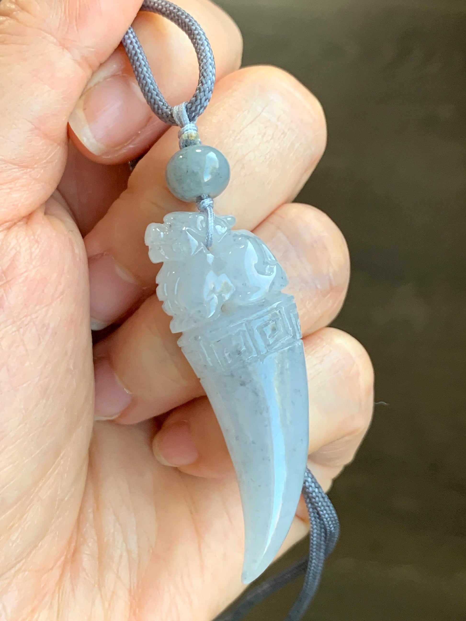Natural Grade A Icy Translucent Gelatinous Light Wuji Jadeite Carved Pixiu Tooth Pendant Rope Necklace 25” Adjustable 18g 天然冰胶淡乌鸡翡翠貔貅牙吊坠挂件