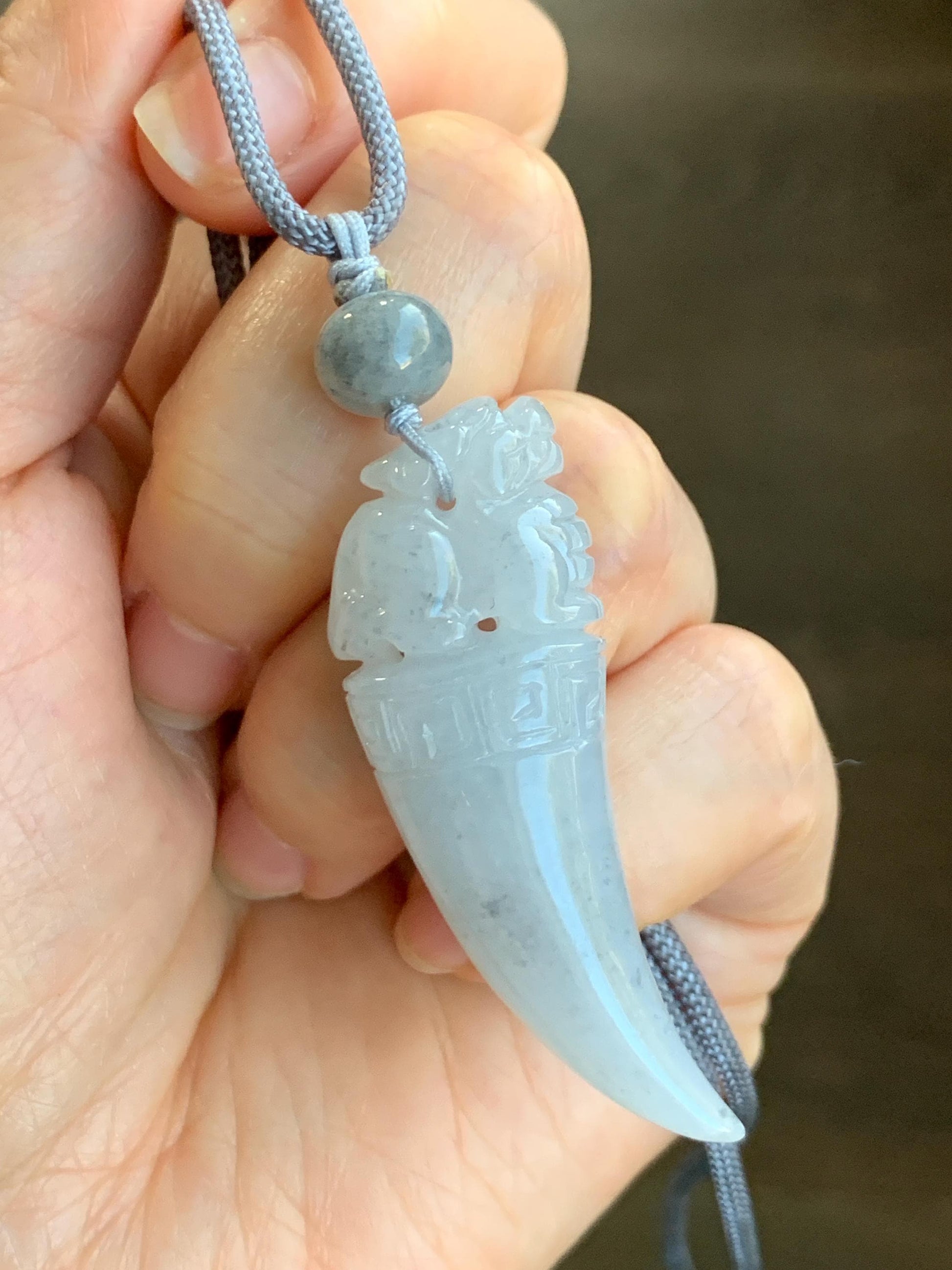 Natural Grade A Icy Translucent Gelatinous Light Wuji Jadeite Carved Pixiu Tooth Pendant Rope Necklace 25” Adjustable 18g 天然冰胶淡乌鸡翡翠貔貅牙吊坠挂件