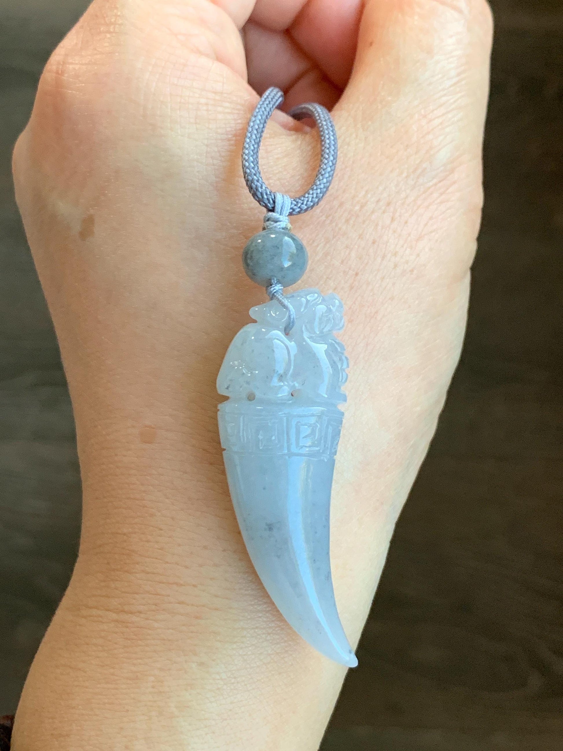 Natural Grade A Icy Translucent Gelatinous Light Wuji Jadeite Carved Pixiu Tooth Pendant Rope Necklace 25” Adjustable 18g 天然冰胶淡乌鸡翡翠貔貅牙吊坠挂件