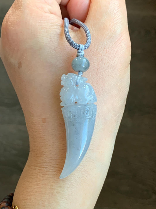 Natural Grade A Icy Translucent Gelatinous Light Wuji Jadeite Carved Pixiu Tooth Pendant Rope Necklace 25” Adjustable 18g 天然冰胶淡乌鸡翡翠貔貅牙吊坠挂件