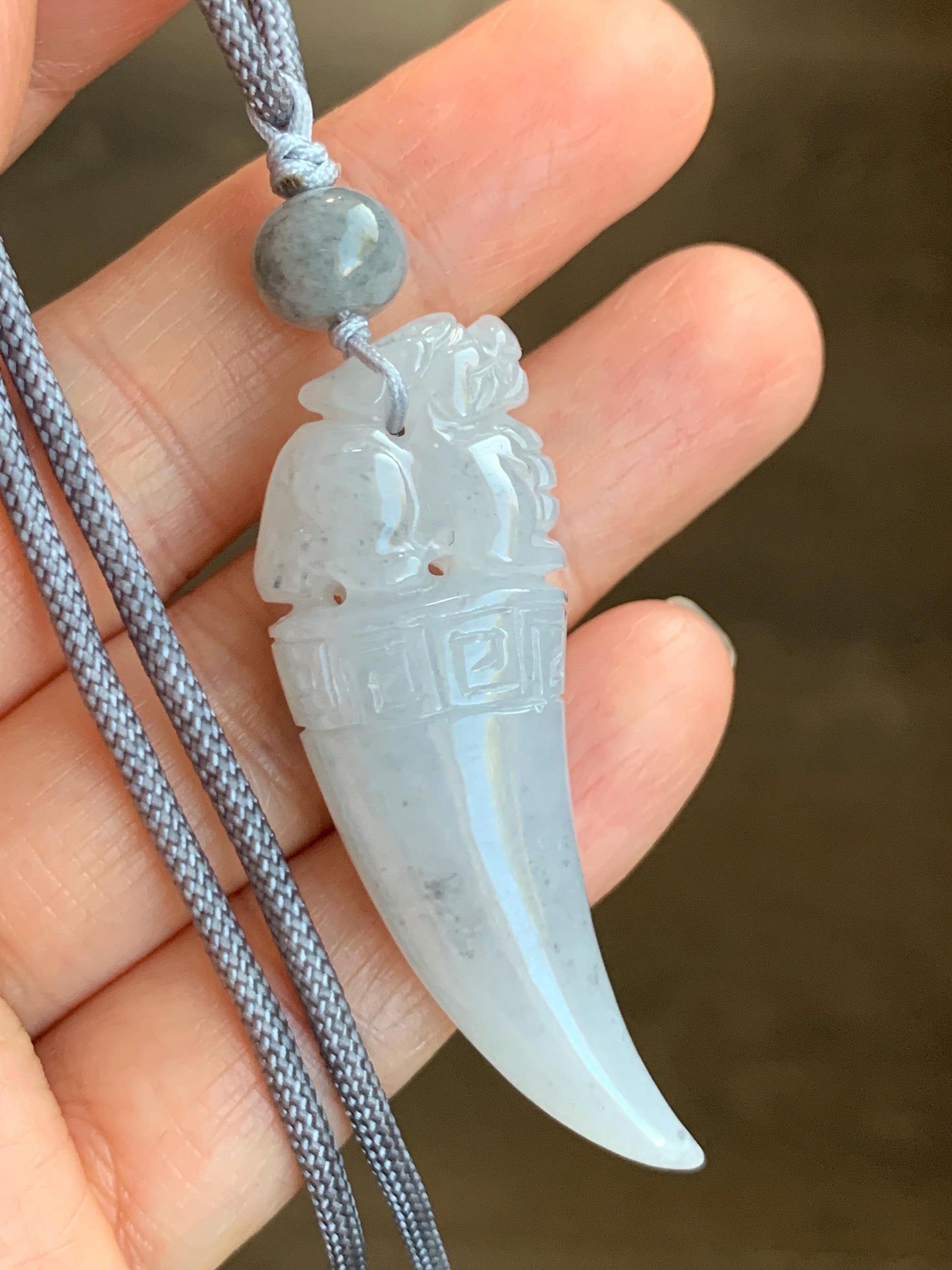 Natural Grade A Icy Translucent Gelatinous Light Wuji Jadeite Carved Pixiu Tooth Pendant Rope Necklace 25” Adjustable 18g 天然冰胶淡乌鸡翡翠貔貅牙吊坠挂件