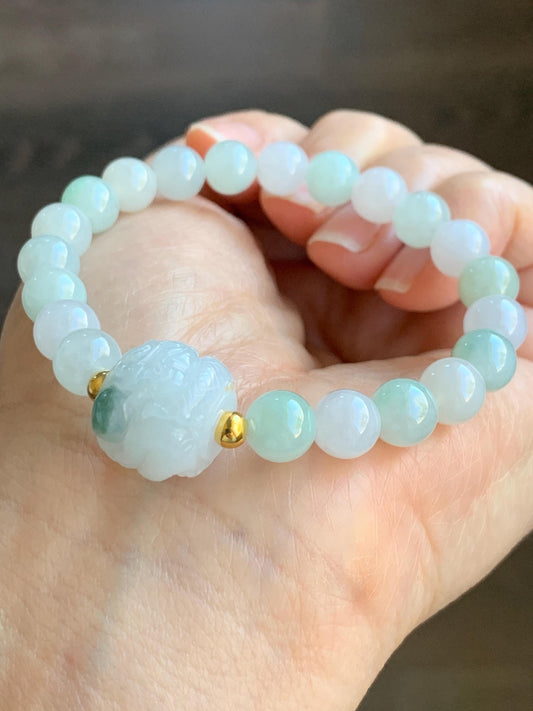 Certified Natural Icy Translucent Green Marbled Jadeite Carved Dragon Bead Multicolored Beads Beaded Bracelet 6.5” 23g 天然冰胶飘花翡翠龙珠多宝珠手串 7836