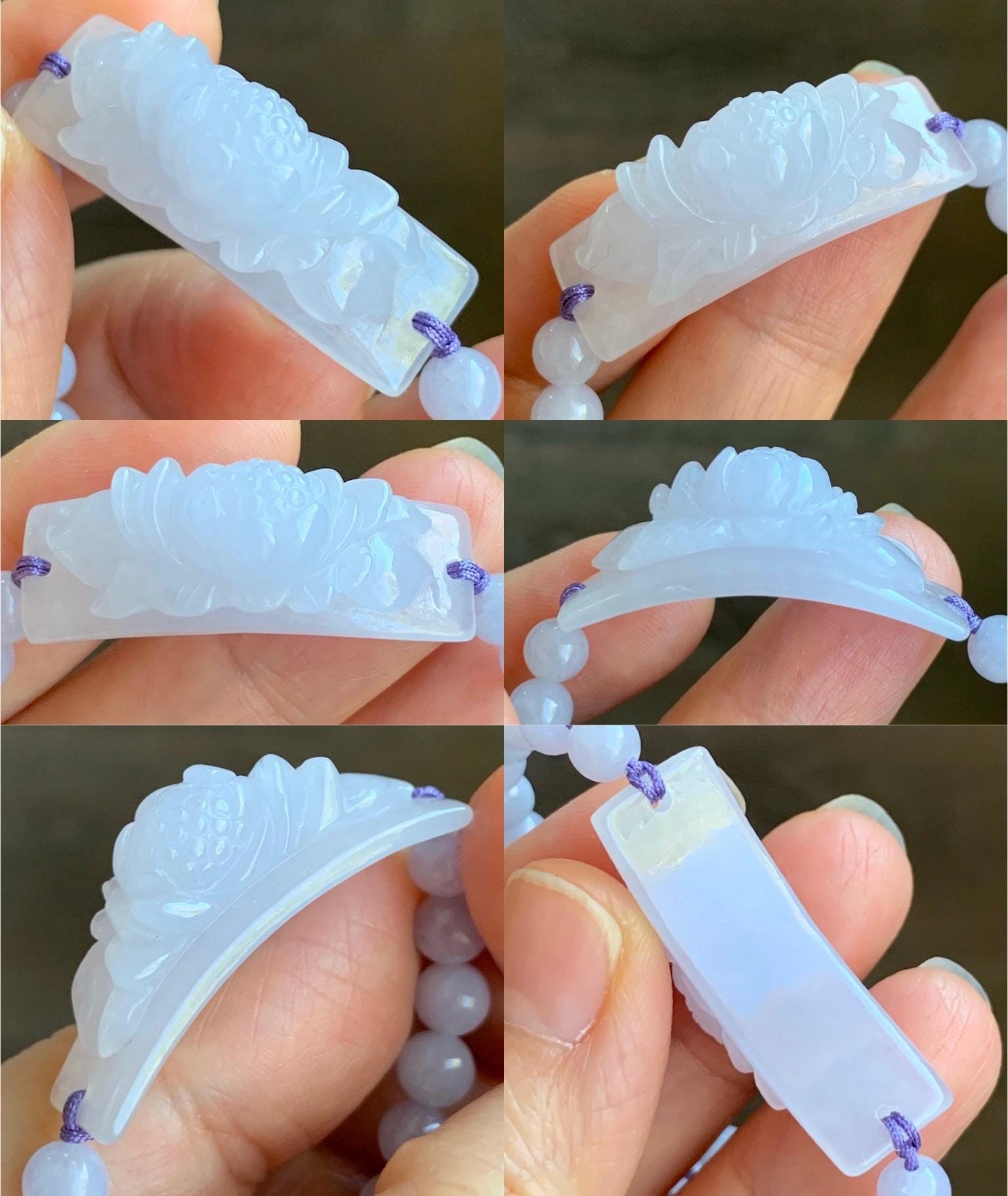 Natural Grade A Icy Translucent Light Lavender Jadeite Round Beads Carved Lotus Flower Cuff Beaded Bracelet 6.75” 15g 天然冰胶淡紫翡翠莲花手牌手串 DZHP