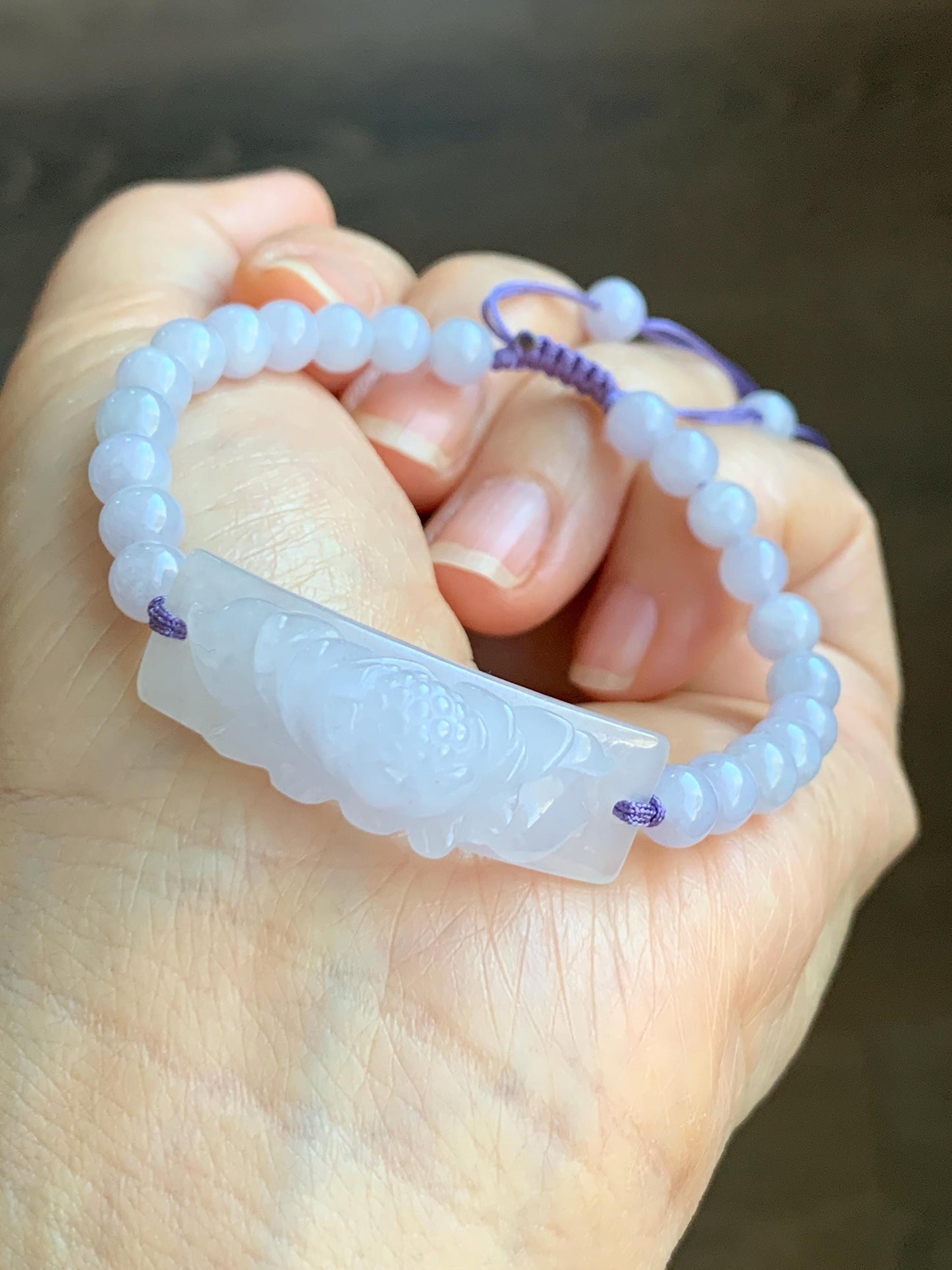 Natural Grade A Icy Translucent Light Lavender Jadeite Round Beads Carved Lotus Flower Cuff Beaded Bracelet 6.75” 15g 天然冰胶淡紫翡翠莲花手牌手串 DZHP