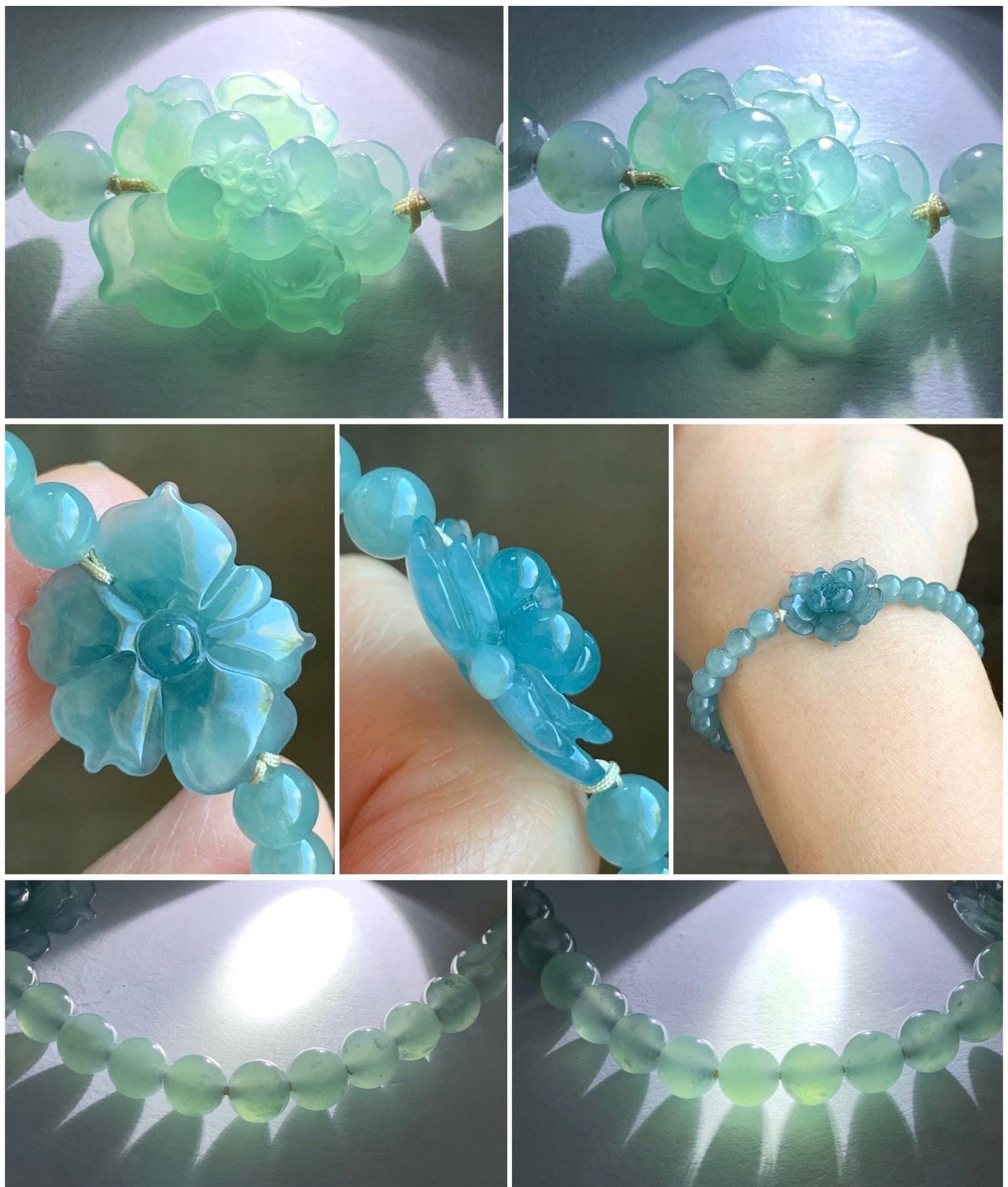 Natural Grade A Guatemalan Icy Highly Translucent Gelatinous Blue Jadeite Lotus Flower Beaded Bracelet 7” 13g 天然冰危蓝翡翠莲花圆珠手串 DLHH819
