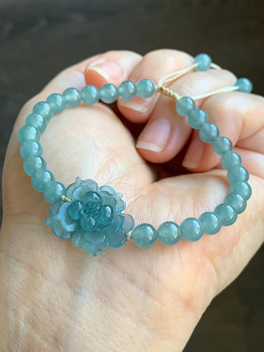 Natural Grade A Guatemalan Icy Highly Translucent Gelatinous Blue Jadeite Lotus Flower Beaded Bracelet 7” 13g 天然冰危蓝翡翠莲花圆珠手串 DLHH819