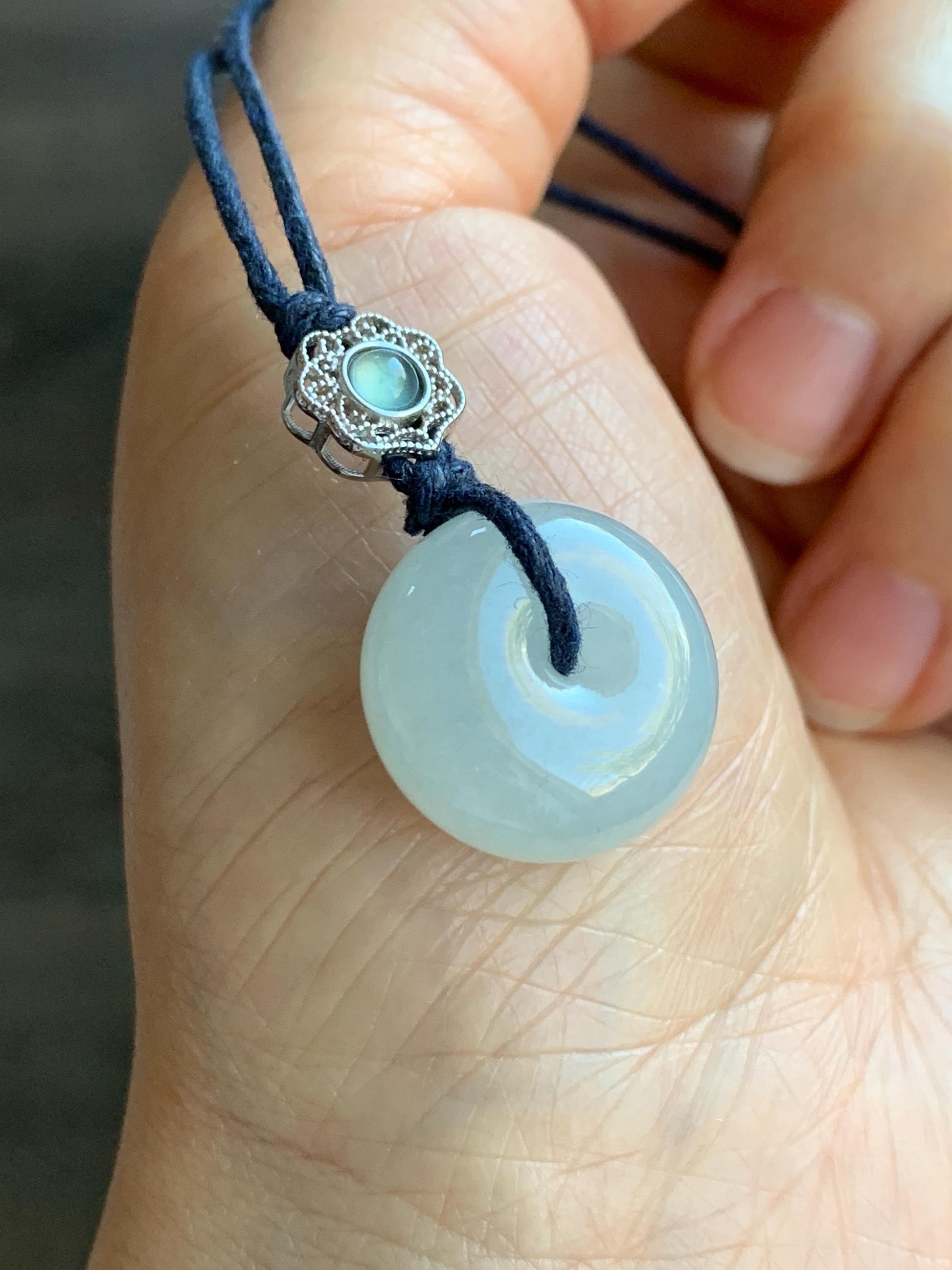 Certified Natural Grade A Icy Translucent Gelatinous Pastel Blue Jadeite Ping An Kou Donut Pendant Rope Necklace 24" 天然老种冰胶淡蓝翡翠平安扣吊坠 7837