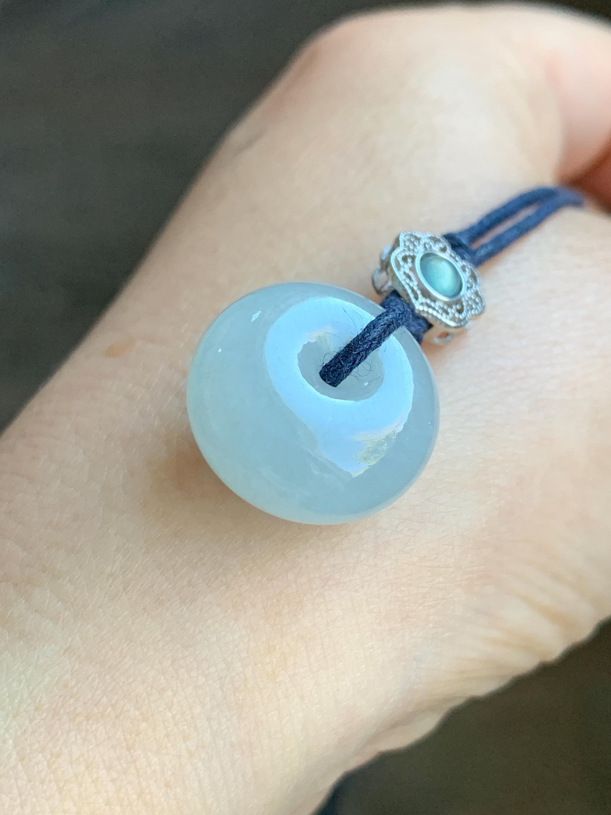 Certified Natural Grade A Icy Translucent Gelatinous Pastel Blue Jadeite Ping An Kou Donut Pendant Rope Necklace 24" 天然老种冰胶淡蓝翡翠平安扣吊坠 7837