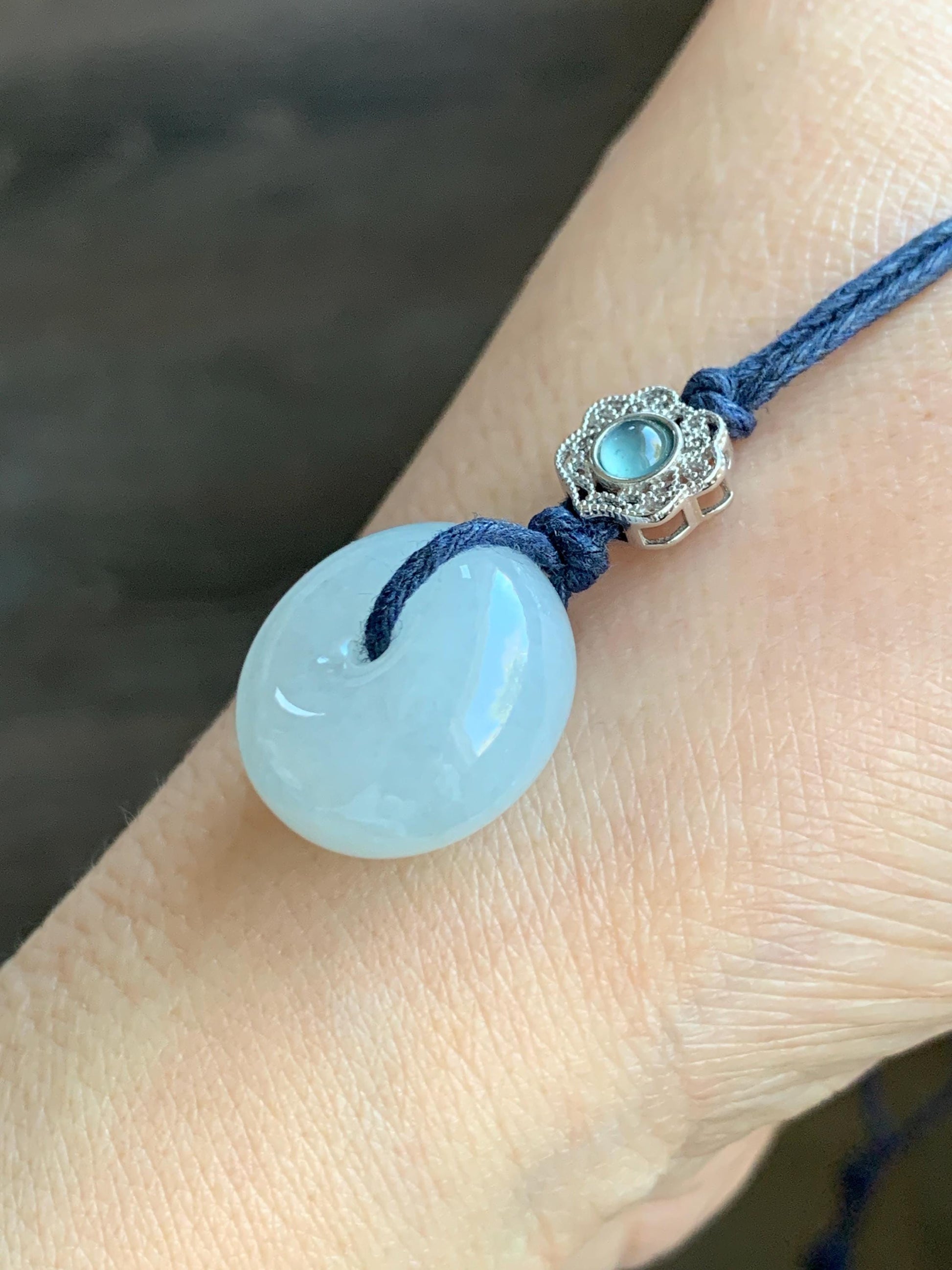 Certified Natural Grade A Icy Translucent Gelatinous Pastel Blue Jadeite Ping An Kou Donut Pendant Rope Necklace 24" 天然老种冰胶淡蓝翡翠平安扣吊坠 7837