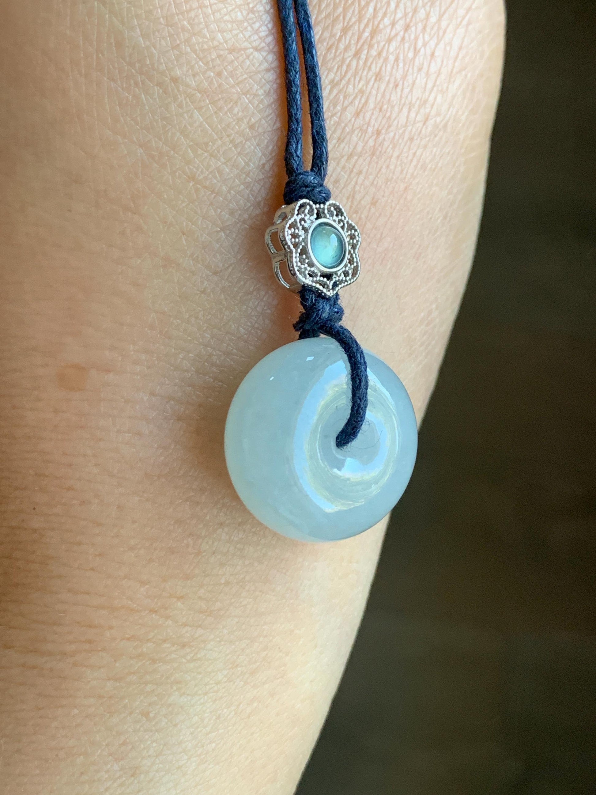 Certified Natural Grade A Icy Translucent Gelatinous Pastel Blue Jadeite Ping An Kou Donut Pendant Rope Necklace 24" 天然老种冰胶淡蓝翡翠平安扣吊坠 7837