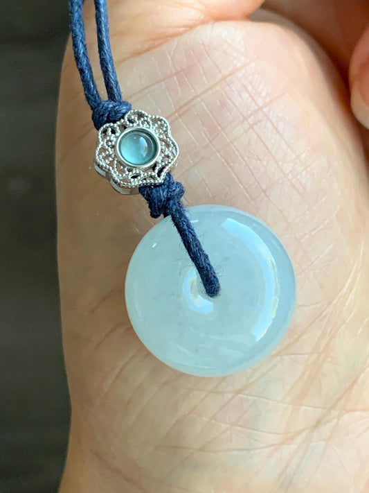 Certified Natural Grade A Icy Translucent Gelatinous Pastel Blue Jadeite Ping An Kou Donut Pendant Rope Necklace 24" 天然老种冰胶淡蓝翡翠平安扣吊坠 7837