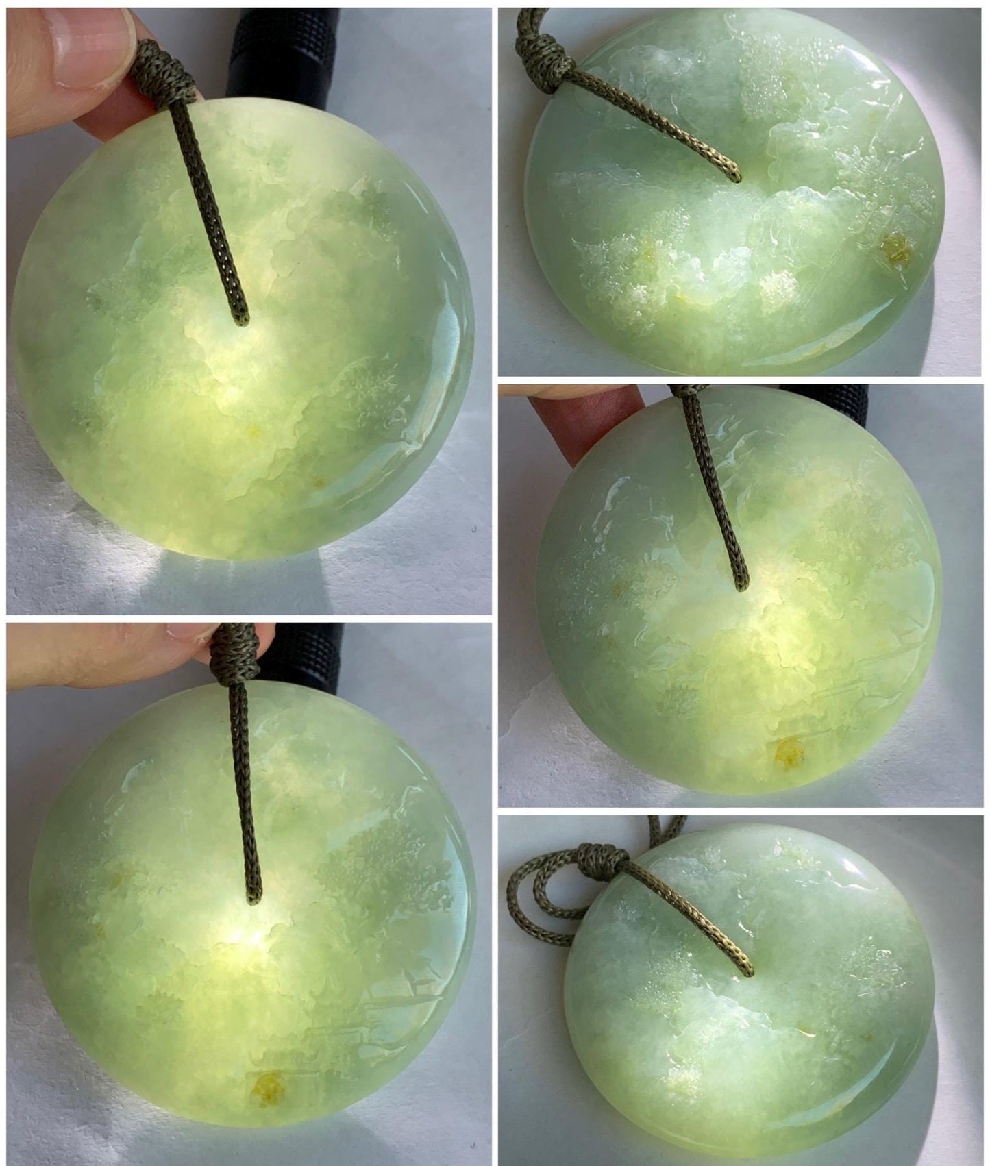 Certified Natural Grade A Icy Light Green Jadeite Engraved Shan Shui Ping An Kou Donut Pendant Rope Necklace 24" 71.8g 天然冰晴翡翠山水平安扣吊坠项链 3014