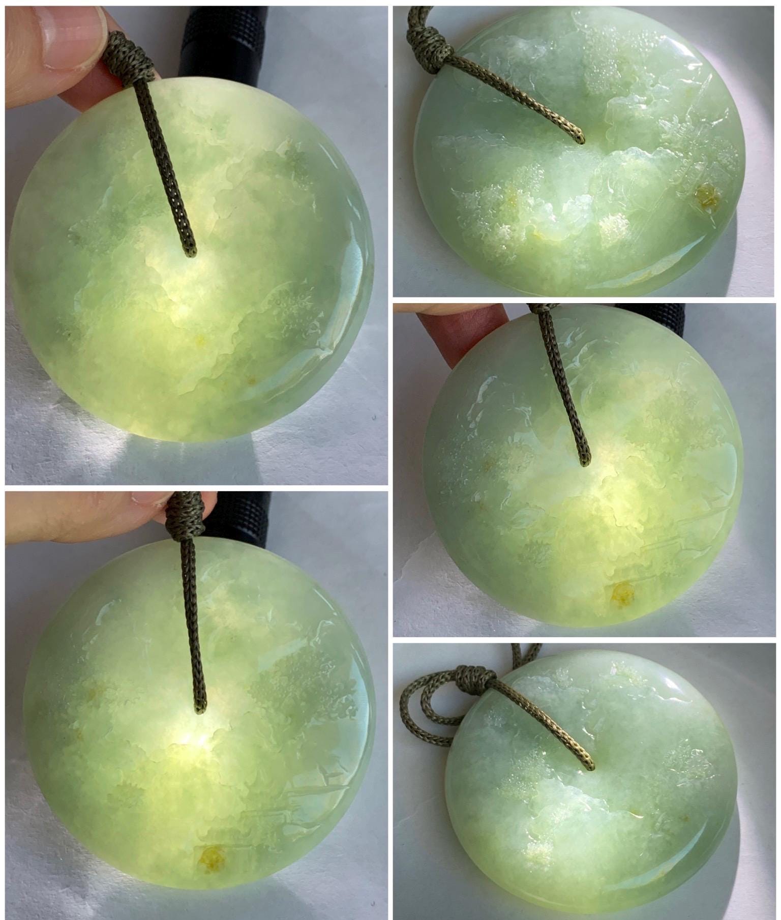 Certified Natural Grade A Icy Light Green Jadeite Engraved Shan Shui Ping An Kou Donut Pendant Rope Necklace 24" 71.8g 天然冰晴翡翠山水平安扣吊坠项链 3014