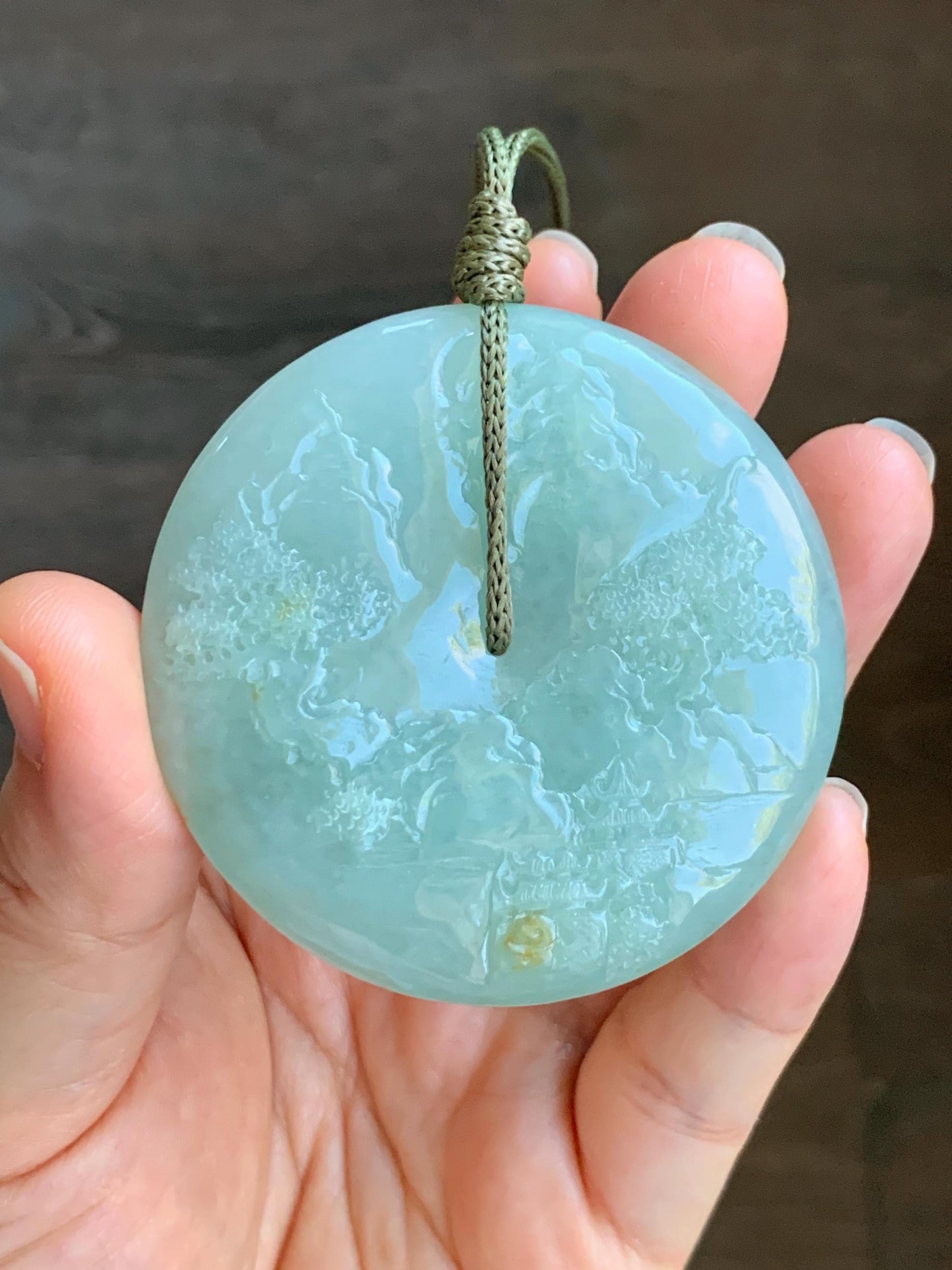 Certified Natural Grade A Icy Light Green Jadeite Engraved Shan Shui Ping An Kou Donut Pendant Rope Necklace 24" 71.8g 天然冰晴翡翠山水平安扣吊坠项链 3014