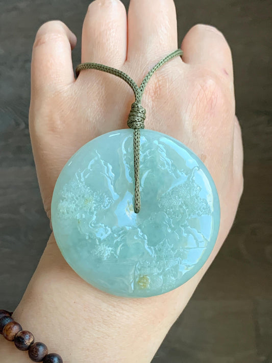 Certified Natural Grade A Icy Light Green Jadeite Engraved Shan Shui Ping An Kou Donut Pendant Rope Necklace 24" 71.8g 天然冰晴翡翠山水平安扣吊坠项链 3014