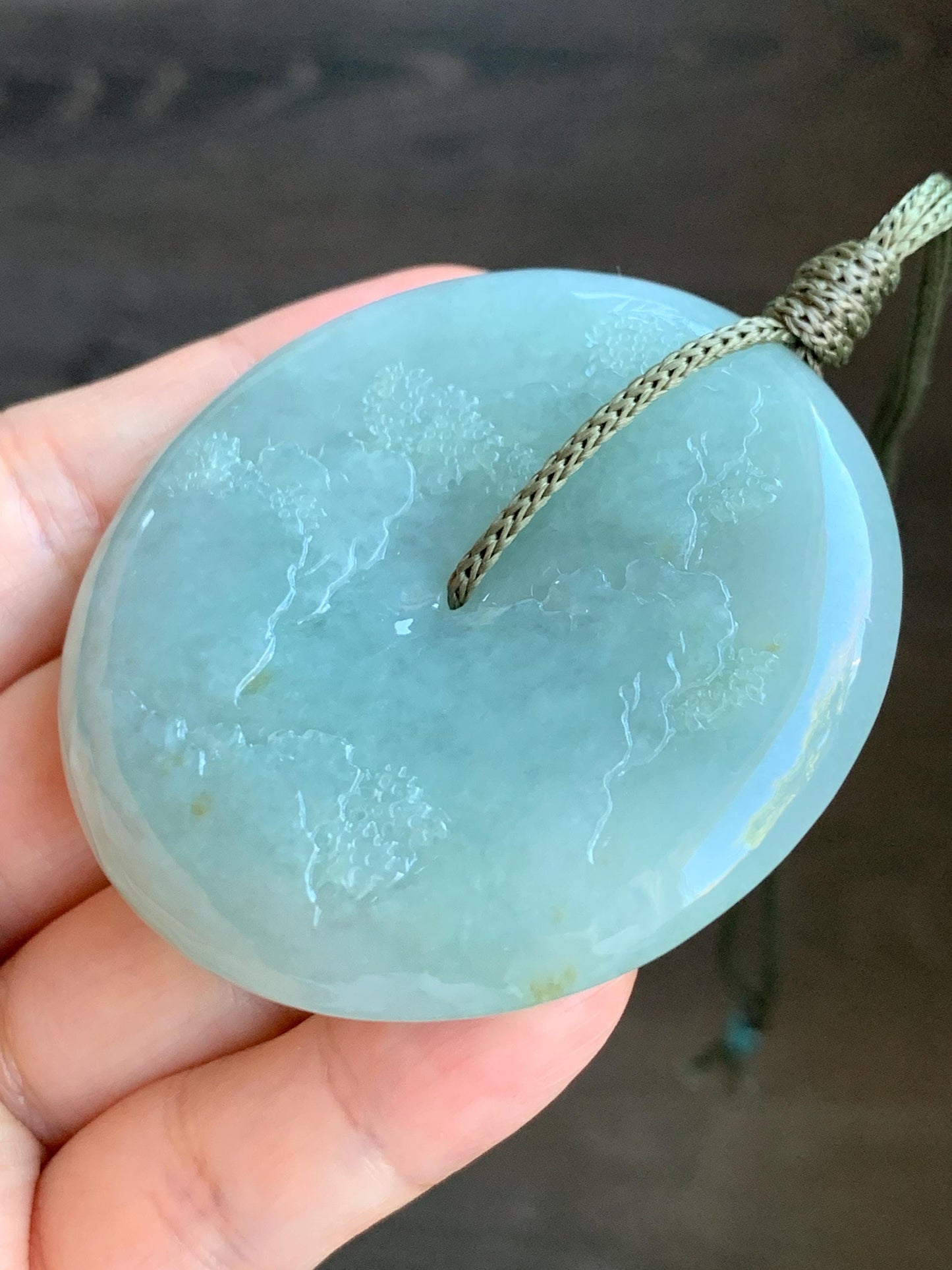 Certified Natural Grade A Icy Light Green Jadeite Engraved Shan Shui Ping An Kou Donut Pendant Rope Necklace 24" 71.8g 天然冰晴翡翠山水平安扣吊坠项链 3014