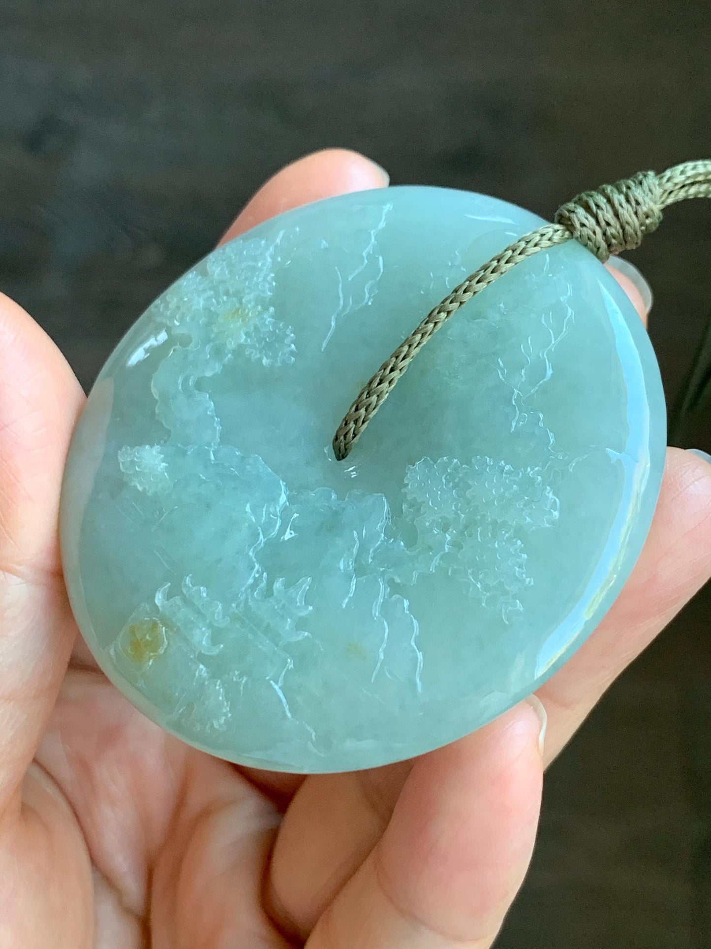 Certified Natural Grade A Icy Light Green Jadeite Engraved Shan Shui Ping An Kou Donut Pendant Rope Necklace 24" 71.8g 天然冰晴翡翠山水平安扣吊坠项链 3014