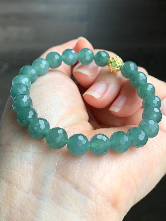 Natural Guatemalan Grade A Icy Translucent Dusty Teal Green Faceted Jadeite Beaded Bracelet Stretchy 8mm 6.75&quot; 20g 天然冰危暗绿翡翠切割面圆珠手串