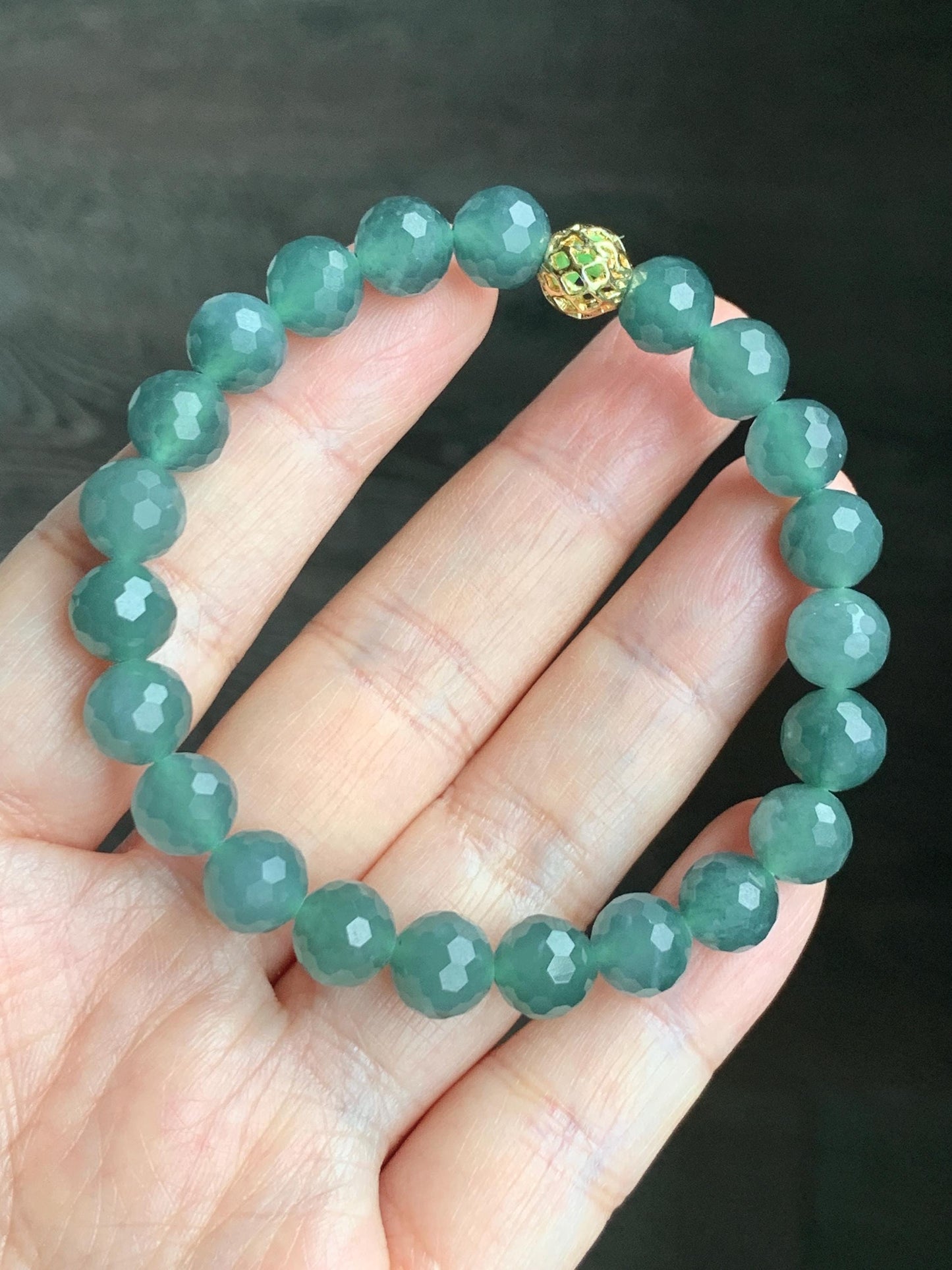 Natural Guatemalan Grade A Icy Translucent Dusty Teal Green Faceted Jadeite Beaded Bracelet Stretchy 8mm 6.75" 20g 天然冰危暗绿翡翠切割面圆珠手串 QGL138