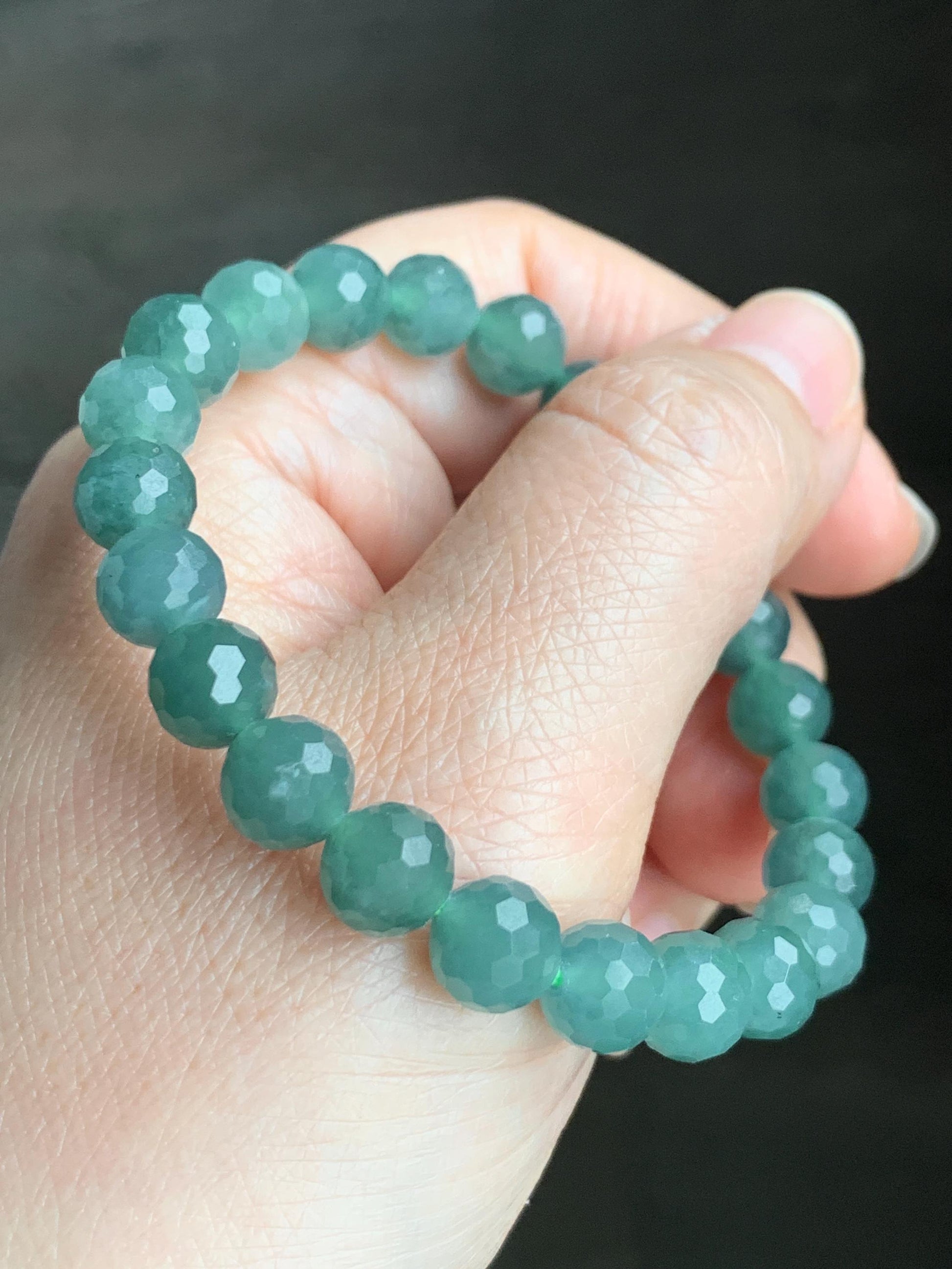Natural Guatemalan Grade A Icy Translucent Dusty Teal Green Faceted Jadeite Beaded Bracelet Stretchy 8mm 6.75" 20g 天然冰危暗绿翡翠切割面圆珠手串 QGL138