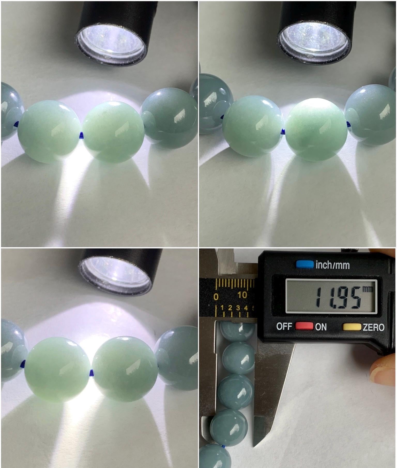 Natural Guatemalan Icy Translucent Dusty Light Blue Jadeite Beaded Bracelet Stretchy 7.25” 11.8mm 47g 天然冰危淡蓝翡翠圆珠手串 DHL350