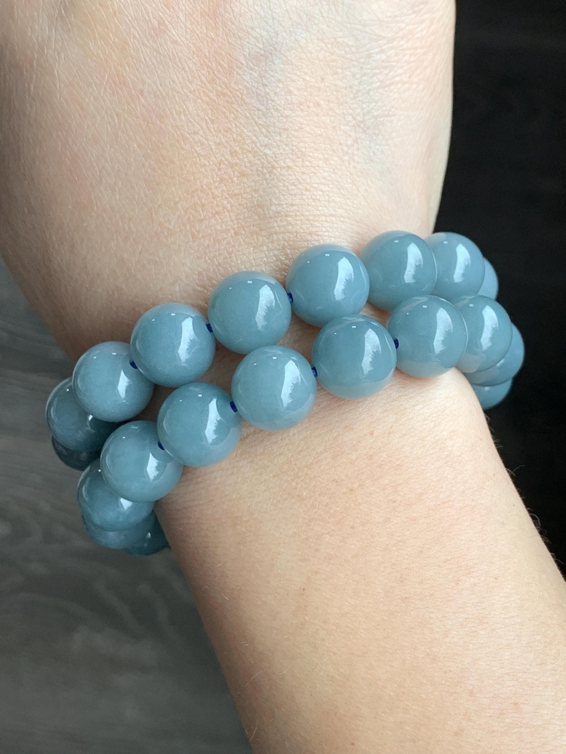 Natural Guatemalan Icy Translucent Dusty Light Blue Jadeite Beaded Bracelet Stretchy 7.25” 11.8mm 47g 天然冰危淡蓝翡翠圆珠手串 DHL350