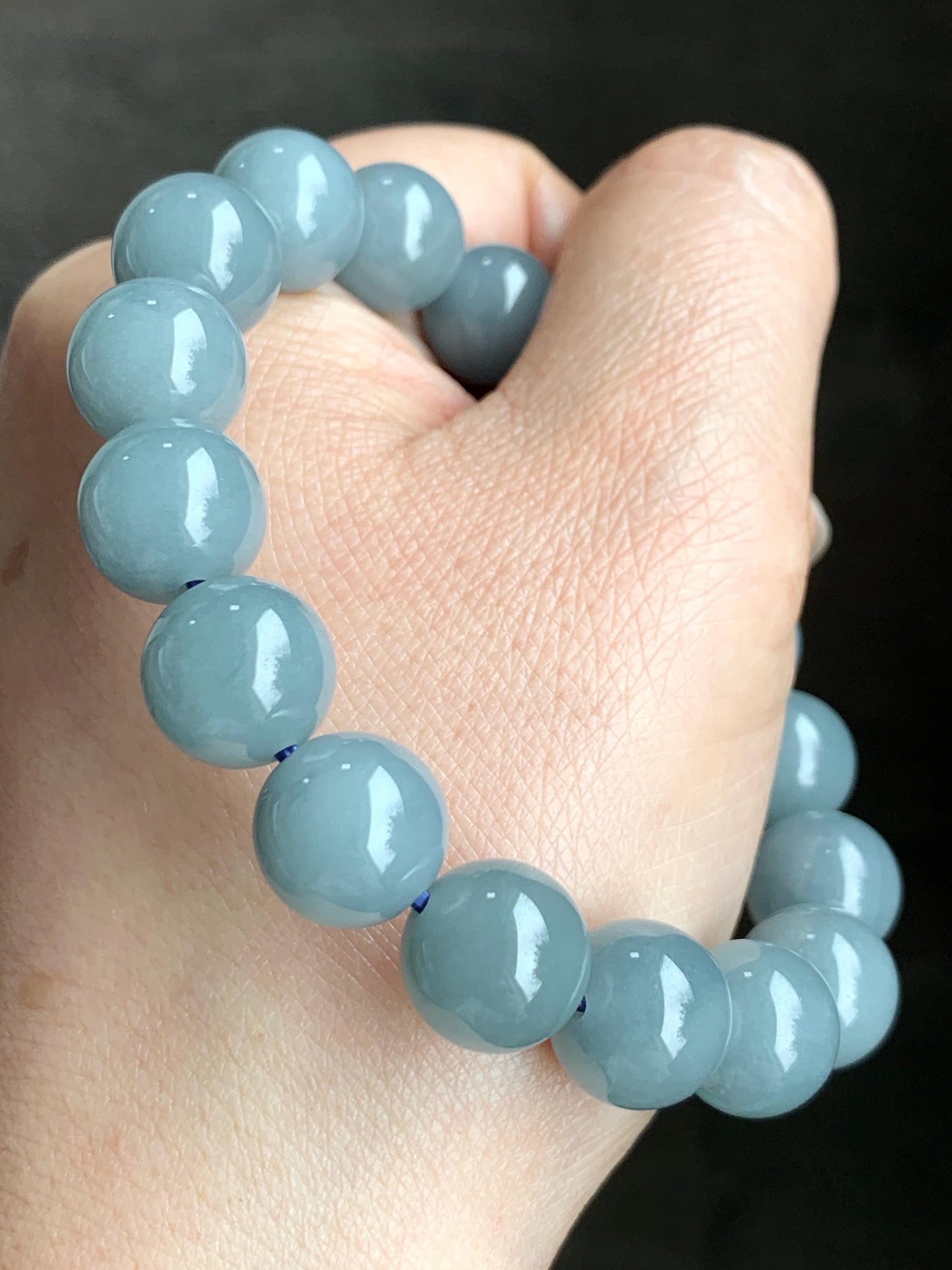 Natural Guatemalan Icy Translucent Dusty Light Blue Jadeite Beaded Bracelet Stretchy 7.25” 11.8mm 47g 天然冰危淡蓝翡翠圆珠手串 DHL350