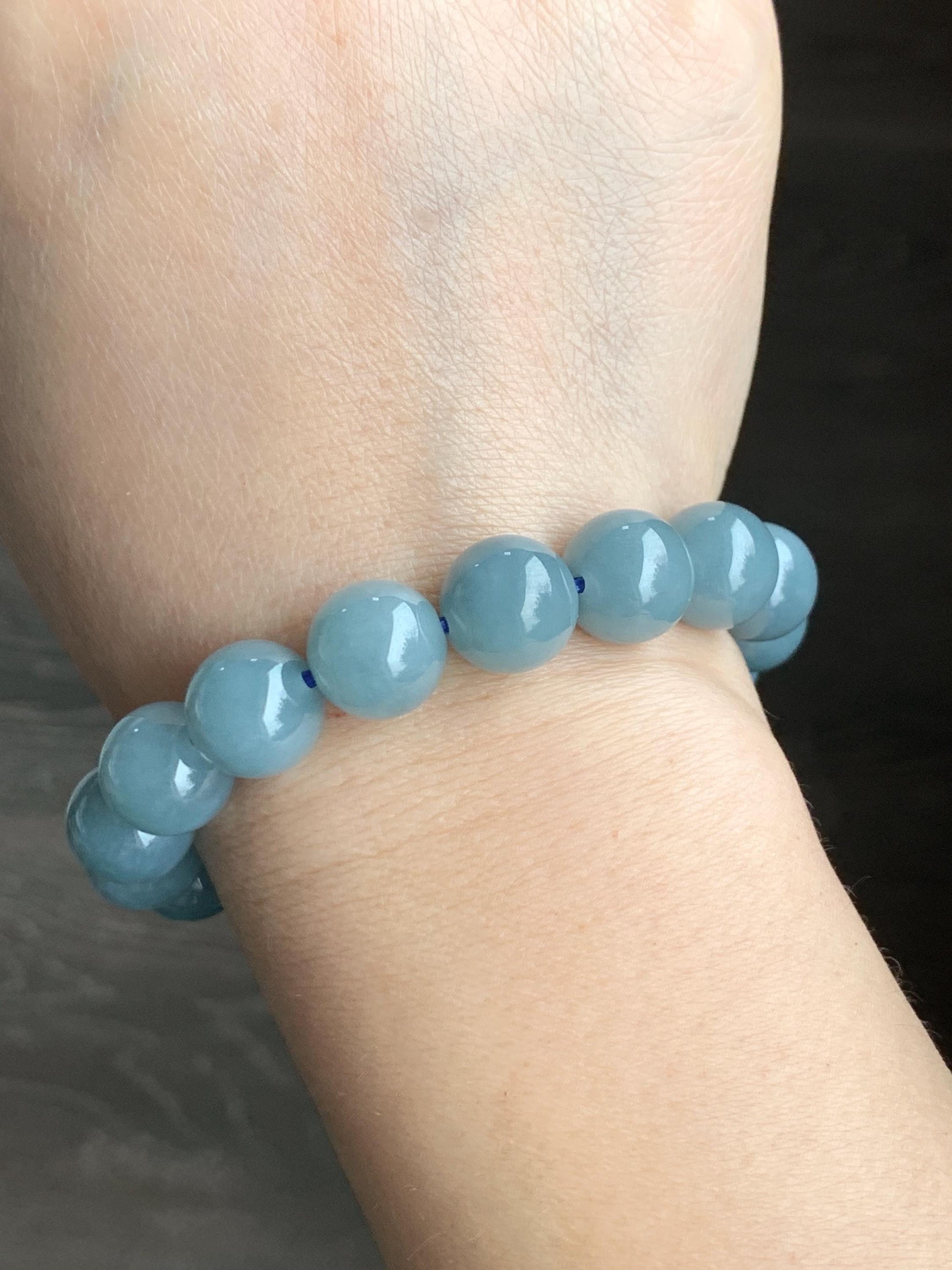 Natural Guatemalan Icy Translucent Dusty Light Blue Jadeite Beaded Bracelet Stretchy 7.25” 11.8mm 47g 天然冰危淡蓝翡翠圆珠手串 DHL350