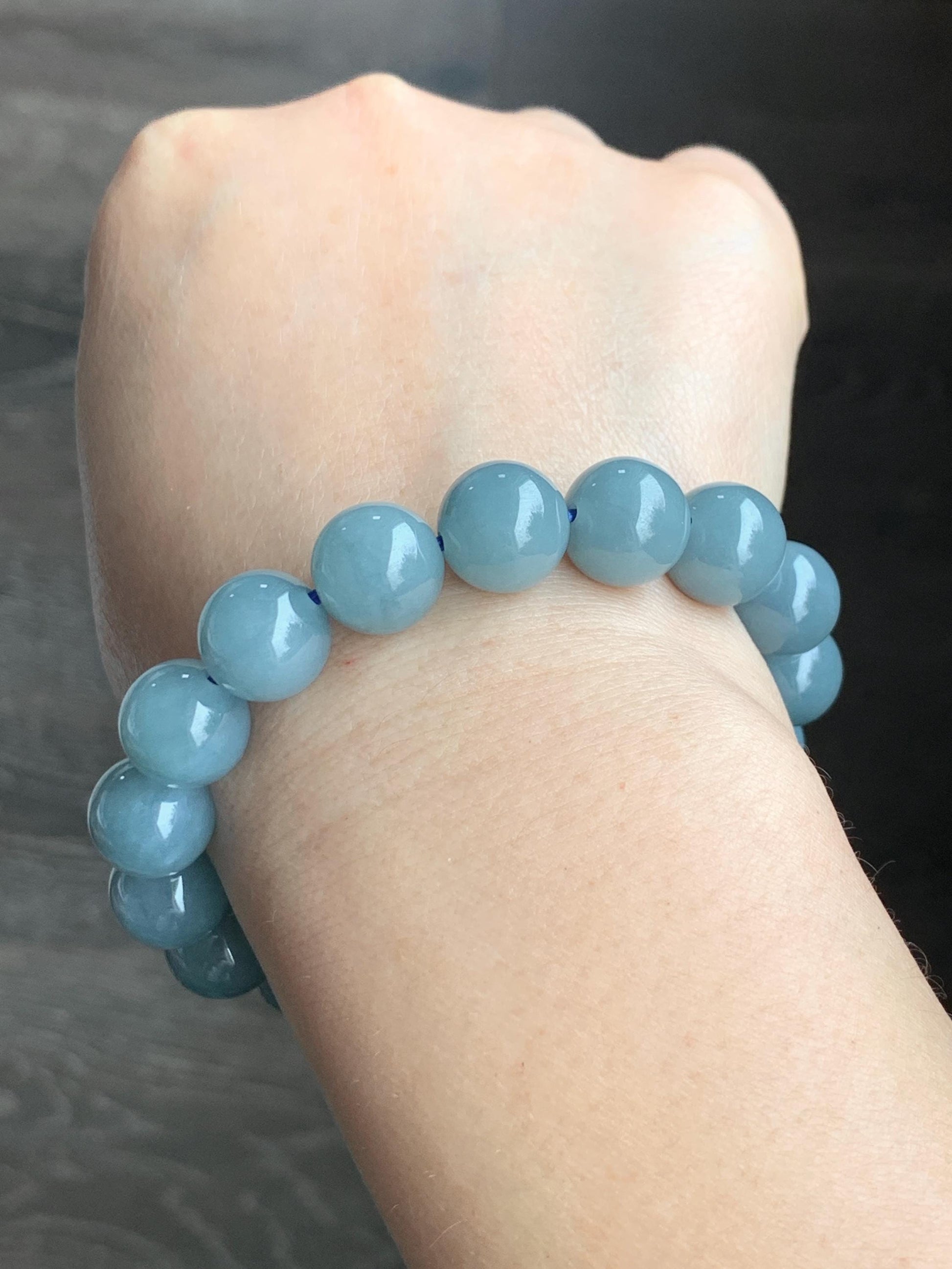 Natural Guatemalan Icy Translucent Dusty Light Blue Jadeite Beaded Bracelet Stretchy 7.25” 11.8mm 47g 天然冰危淡蓝翡翠圆珠手串 DHL350