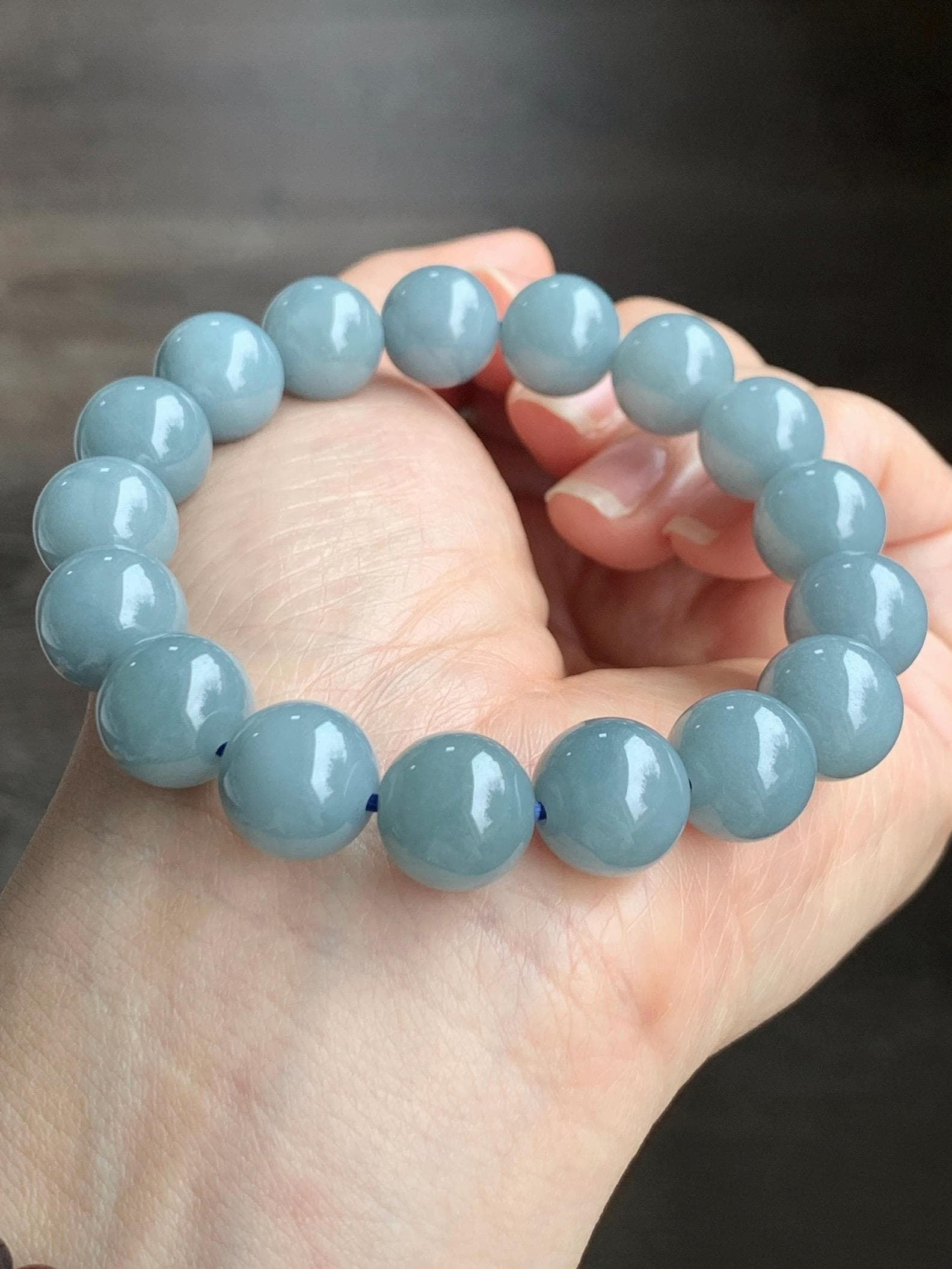 Natural Guatemalan Icy Translucent Dusty Light Blue Jadeite Beaded Bracelet Stretchy 7.25” 11.8mm 47g 天然冰危淡蓝翡翠圆珠手串 DHL350