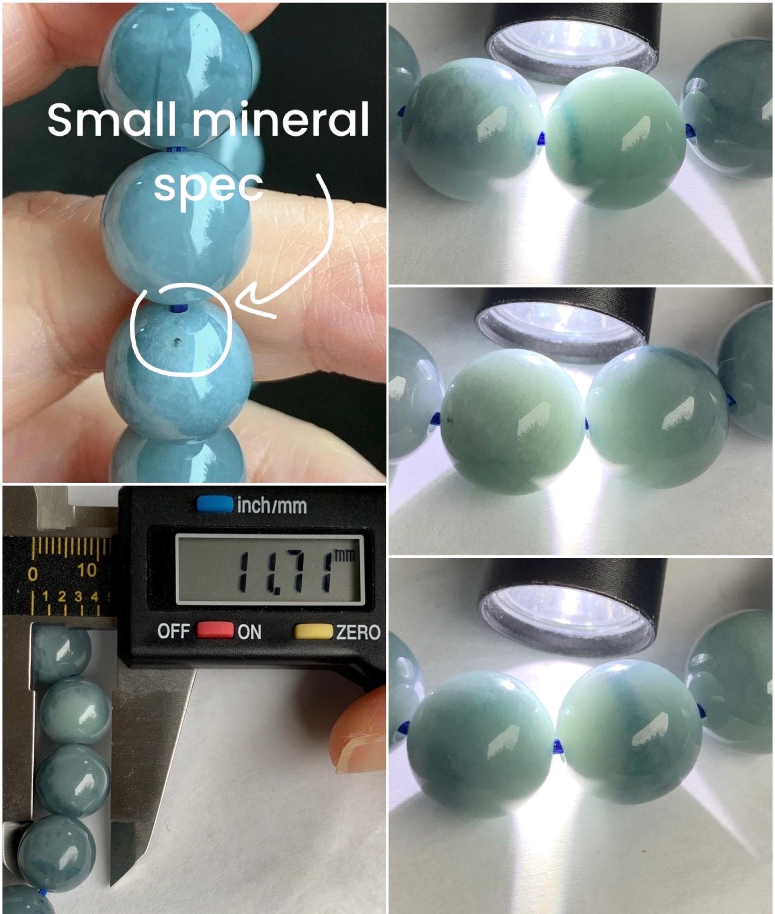 Natural Guatemalan Icy Translucent Dusty Light Blue Dark Blue Marbled Jadeite Beaded Bracelet Stretchy 7.25” 11.7mm 47g 天然冰危淡蓝飘花翡翠珠手串 DLP200
