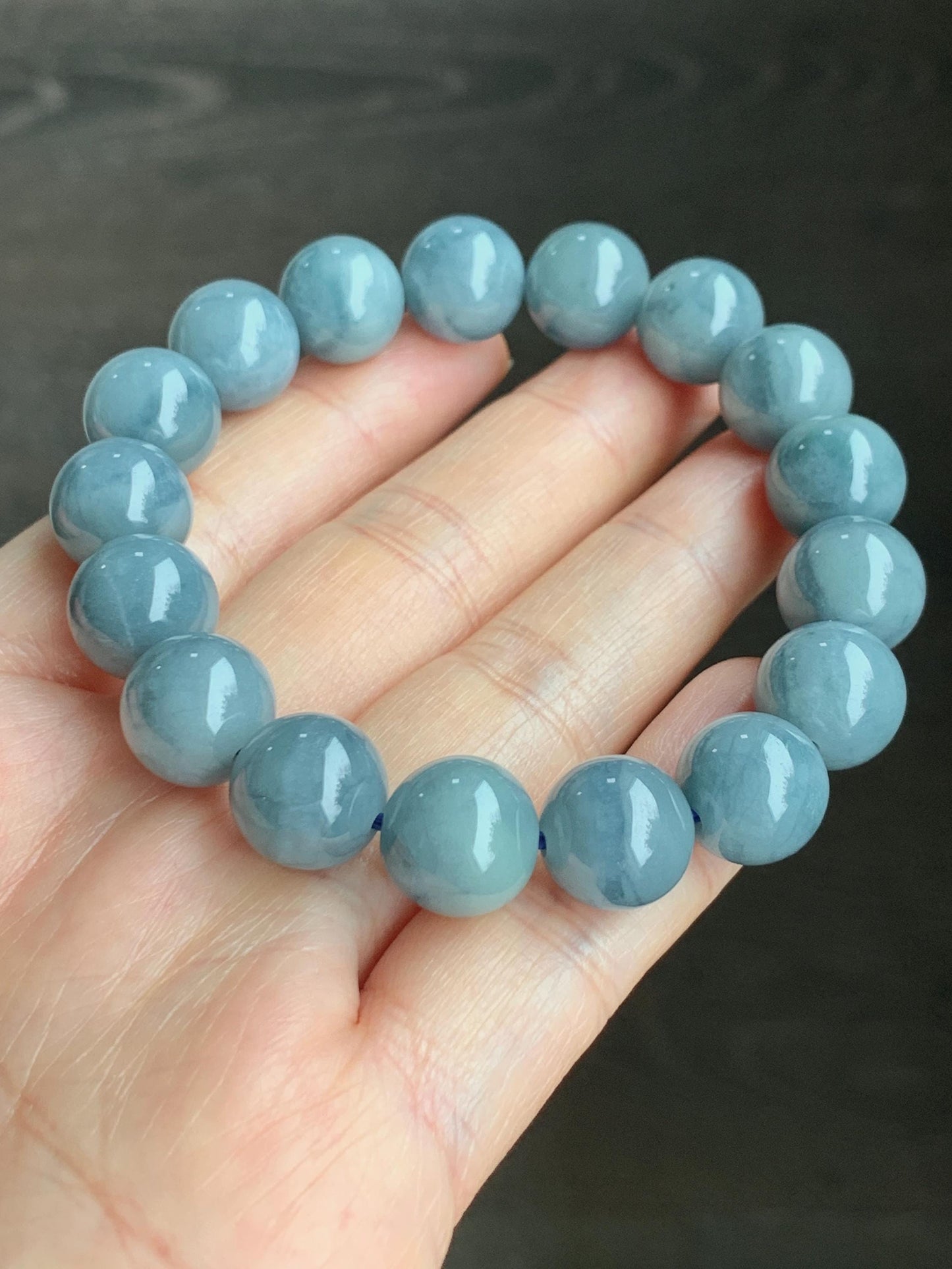 Natural Guatemalan Icy Translucent Dusty Light Blue Dark Blue Marbled Jadeite Beaded Bracelet Stretchy 7.25” 11.7mm 47g 天然冰危淡蓝飘花翡翠珠手串 DLP200