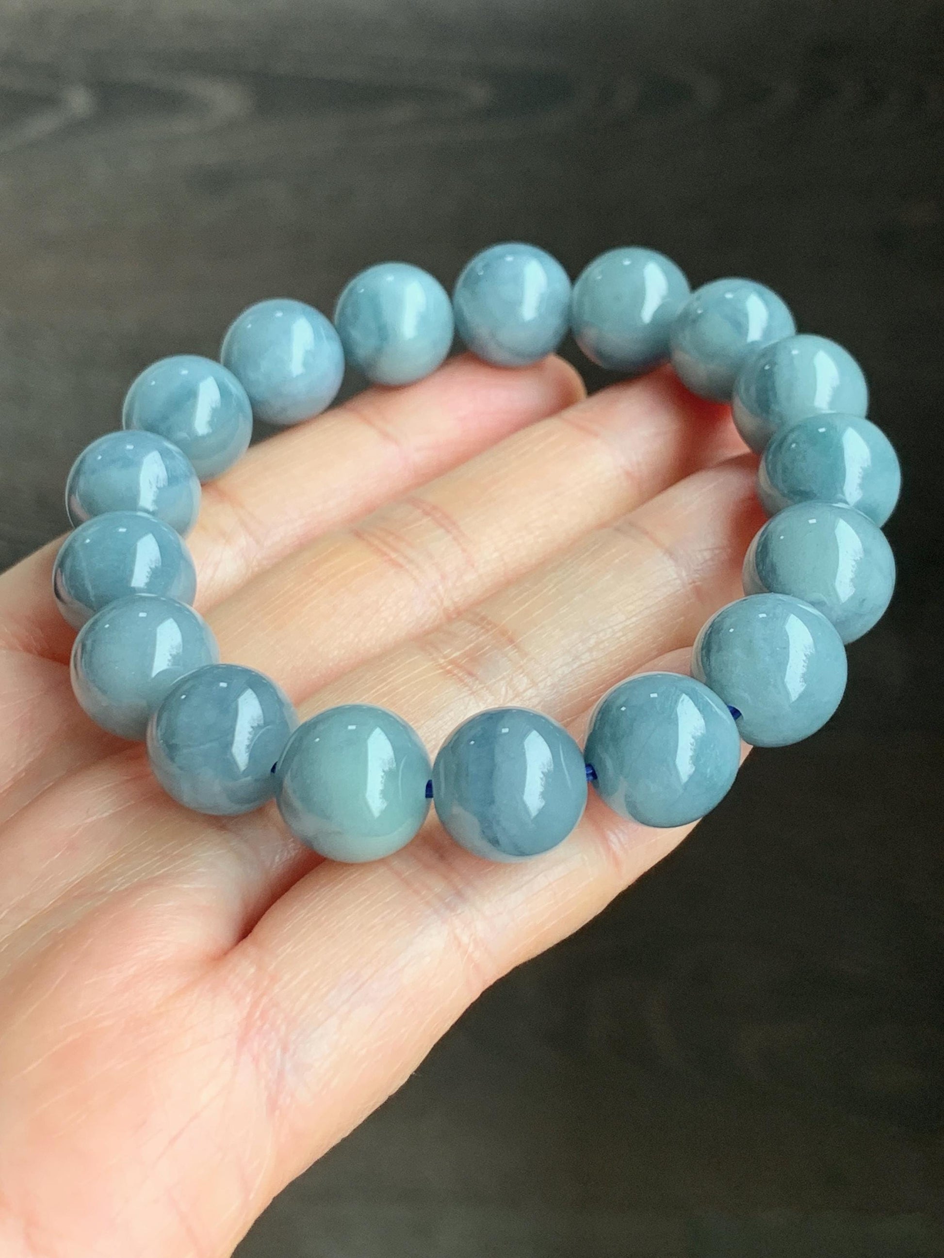 Natural Guatemalan Icy Translucent Dusty Light Blue Dark Blue Marbled Jadeite Beaded Bracelet Stretchy 7.25” 11.7mm 47g 天然冰危淡蓝飘花翡翠珠手串 DLP200