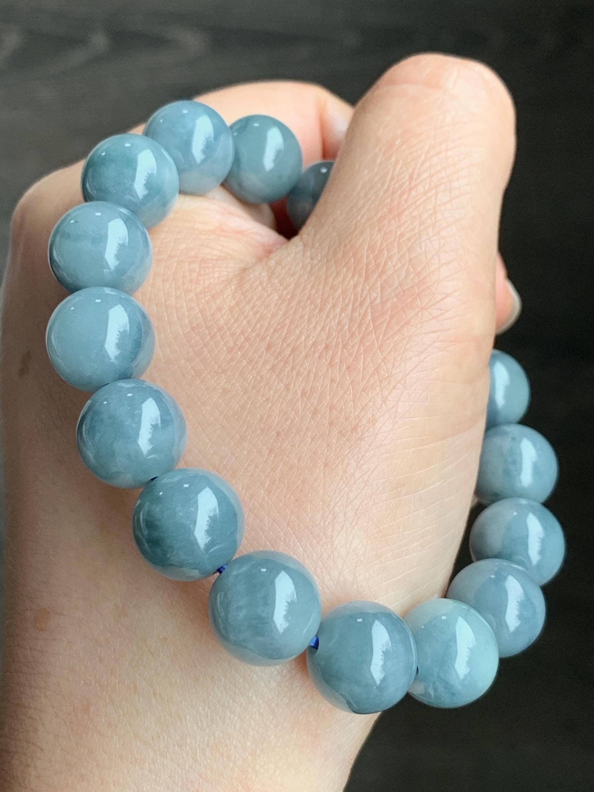 Natural Guatemalan Icy Translucent Dusty Light Blue Dark Blue Marbled Jadeite Beaded Bracelet Stretchy 7.25” 11.7mm 47g 天然冰危淡蓝飘花翡翠珠手串 DLP200