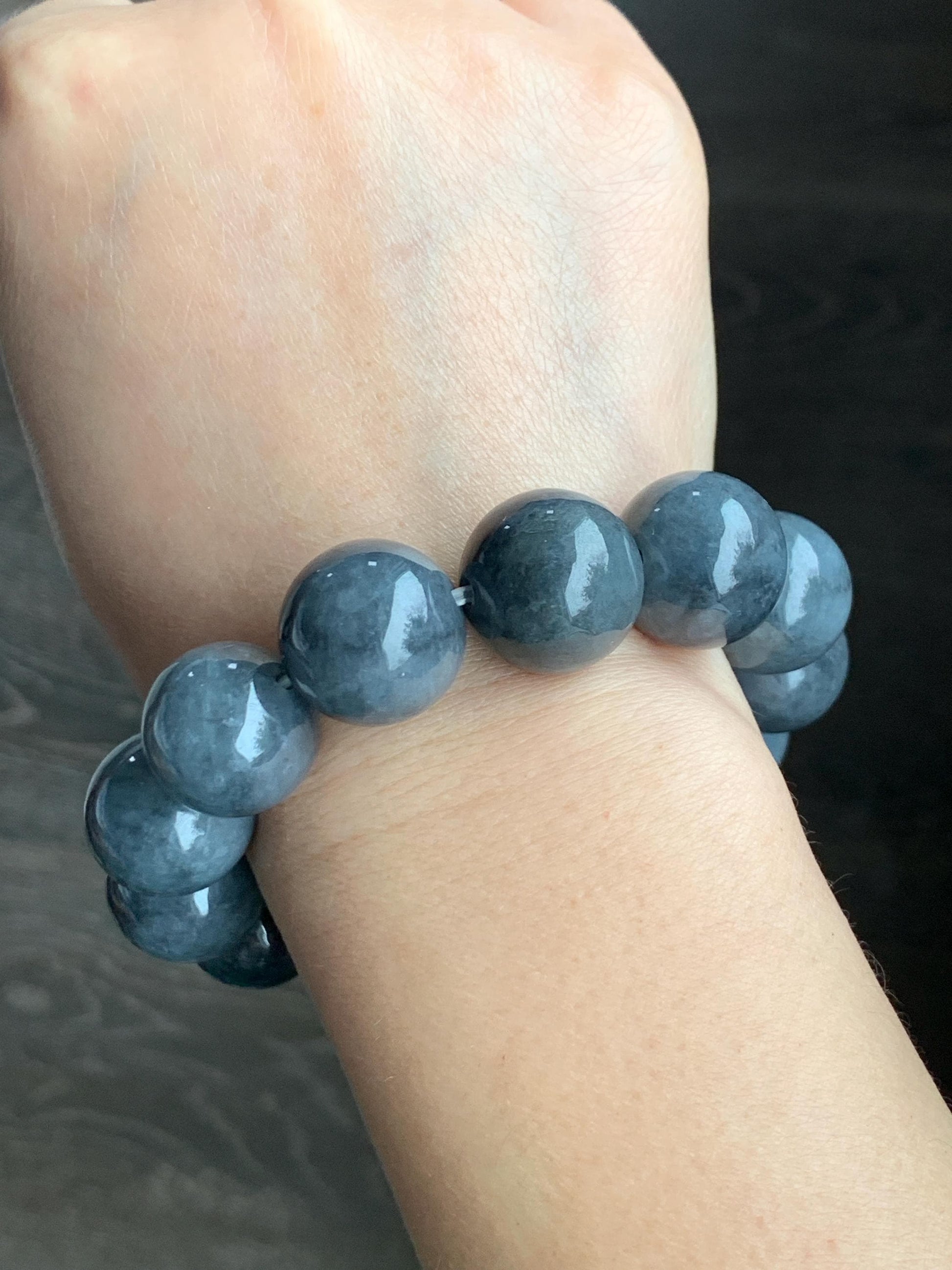 Natural Grade A Semi-translucent Dark Wuji Jadeite Large Round Beads Beaded Bracelet Stretchy 17.4 mm 8” 116g 大卡天然乌鸡翡翠手串 GWJM150
