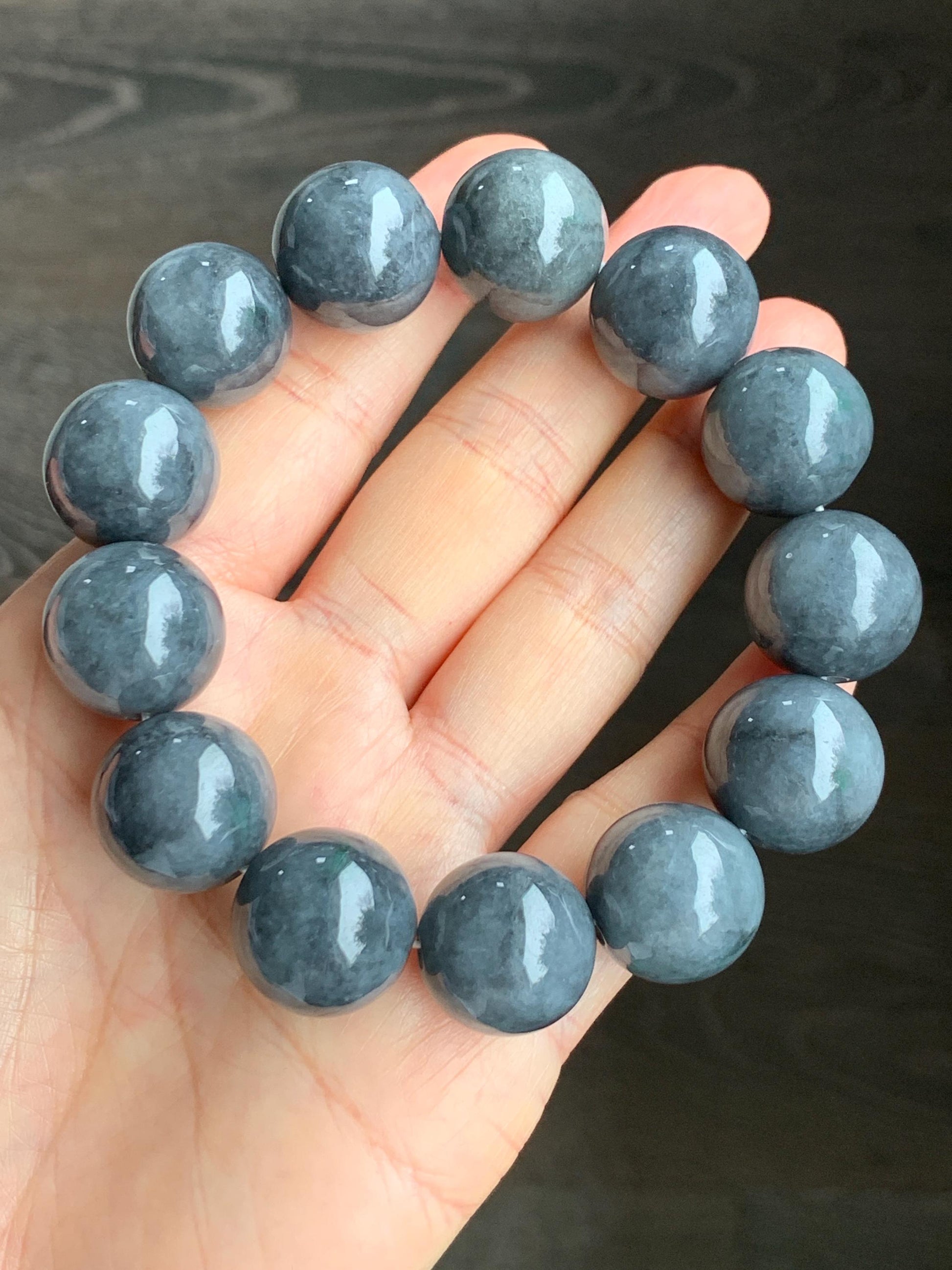 Natural Grade A Semi-translucent Dark Wuji Jadeite Large Round Beads Beaded Bracelet Stretchy 17.4 mm 8” 116g 大卡天然乌鸡翡翠手串 GWJM150