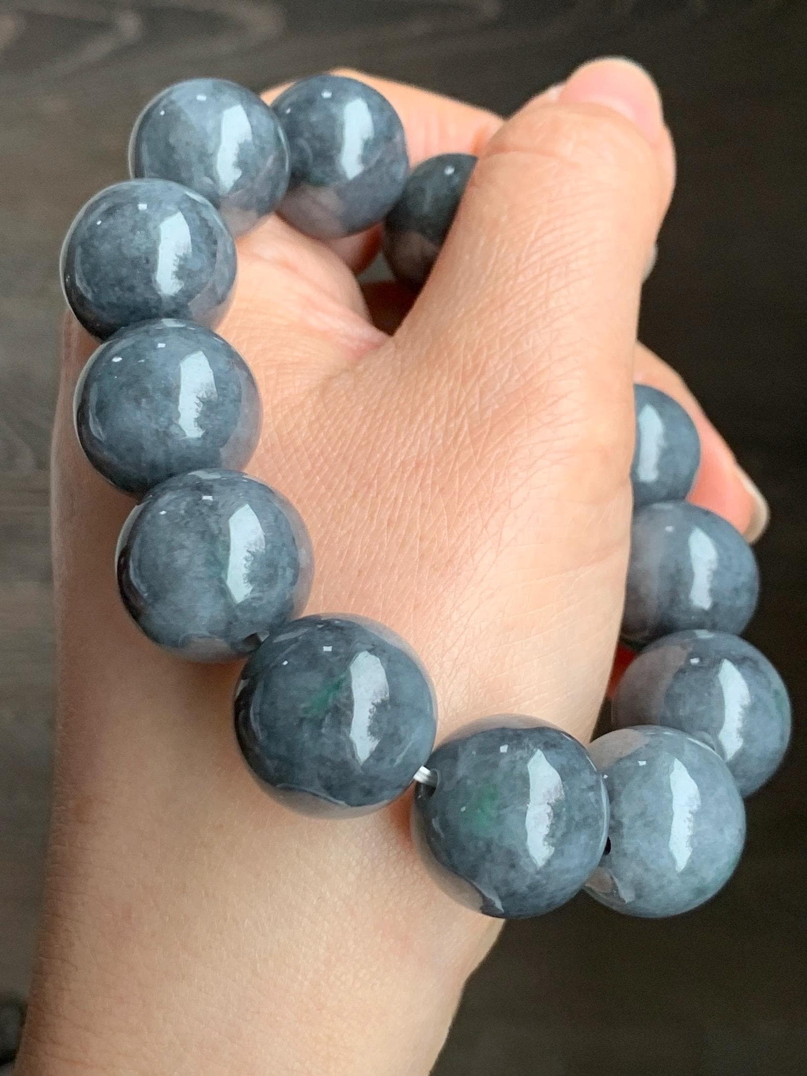 Natural Grade A Semi-translucent Dark Wuji Jadeite Large Round Beads Beaded Bracelet Stretchy 17.4 mm 8” 116g 大卡天然乌鸡翡翠手串 GWJM150