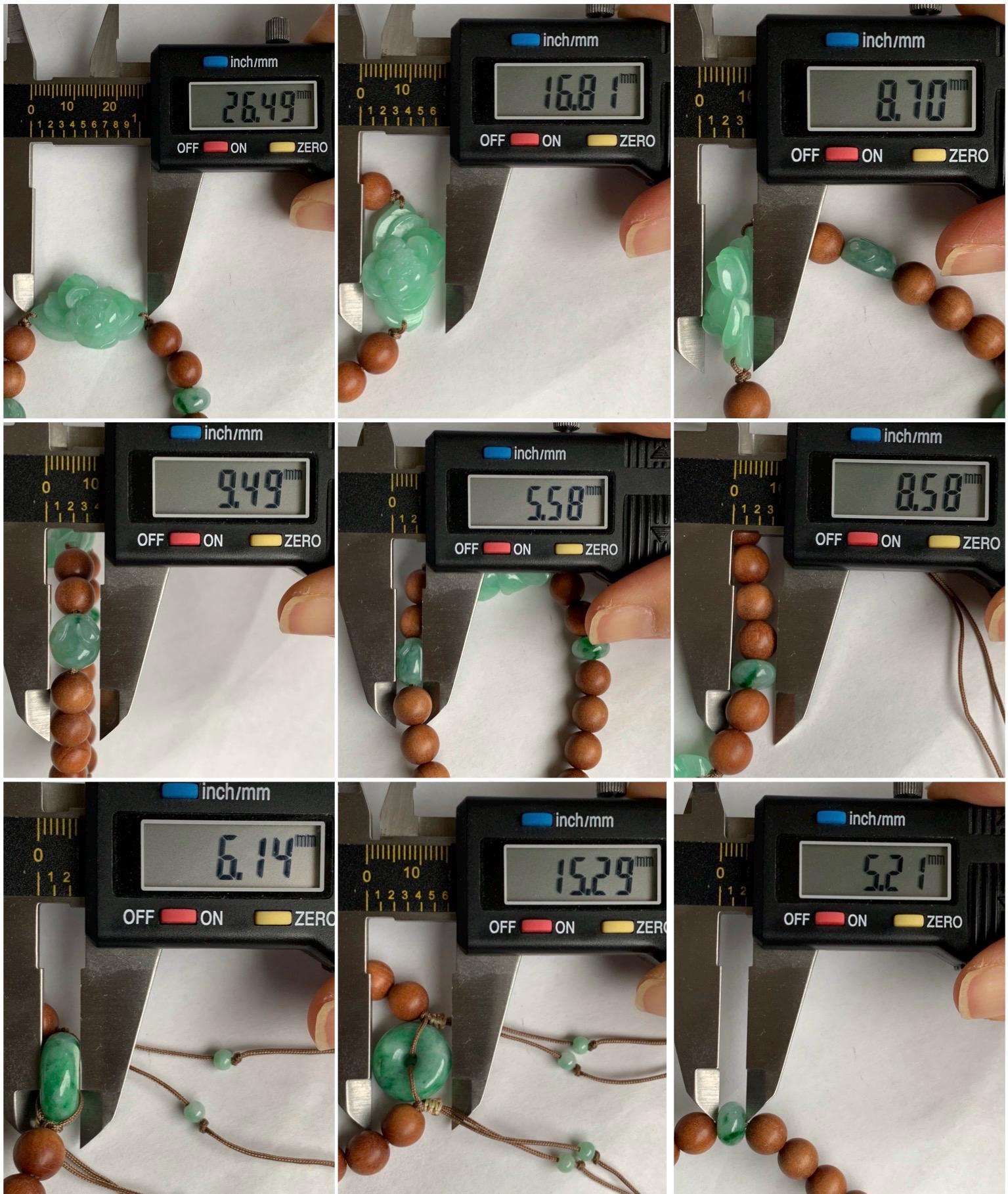 Natural Grade A Icy Translucent Apple Green Jadeite Lotus Flower Donut Rabbit Charm Wood Beads Beaded Bracelet 6.5” 14g 天然冰果绿翡翠莲花木珠手串