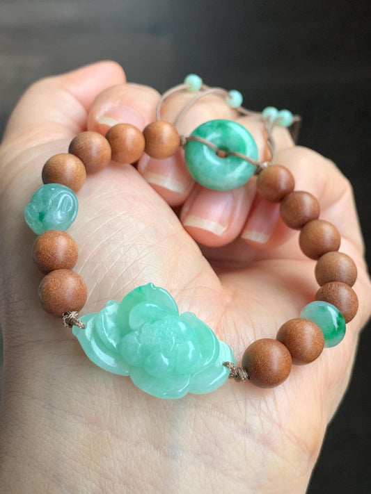 Natural Grade A Icy Translucent Apple Green Jadeite Lotus Flower Donut Rabbit Charm Wood Beads Beaded Bracelet