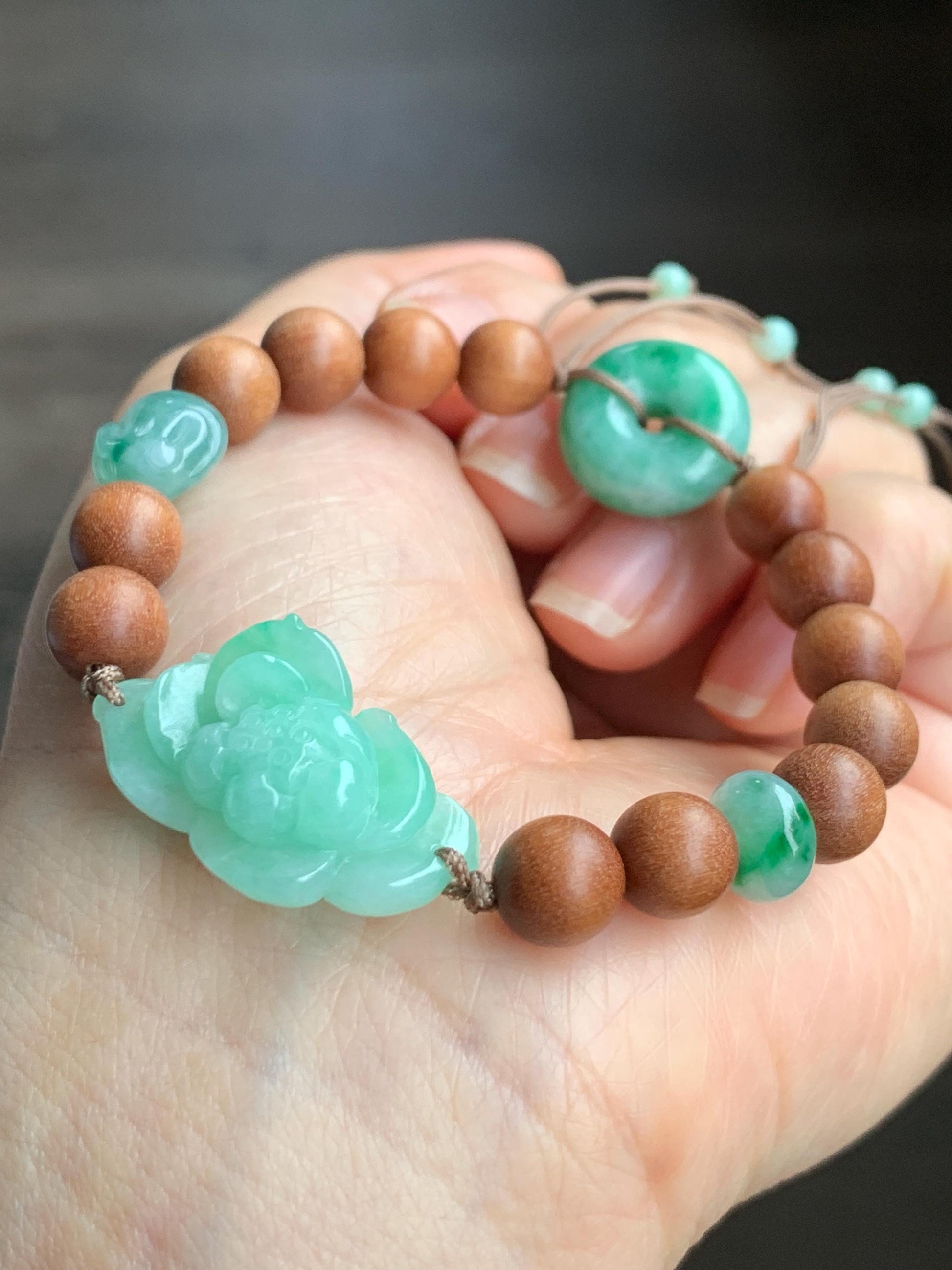 Natural Grade A Icy Translucent Apple Green Jadeite Lotus Flower Donut Rabbit Charm Wood Beads Beaded Bracelet
