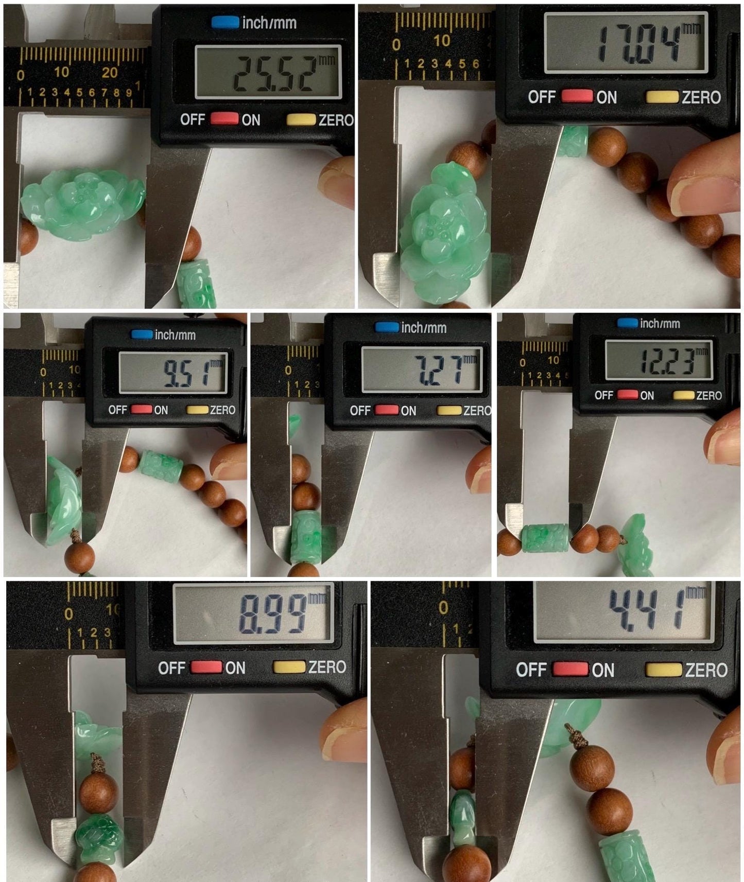 Natural Grade A Icy Translucent Apple Green Jadeite Lotus Flower Barrel Bead Fish Charm Wood Beads Beaded Bracelet 6.5” 12g 天然冰果绿翡翠莲花木珠手串