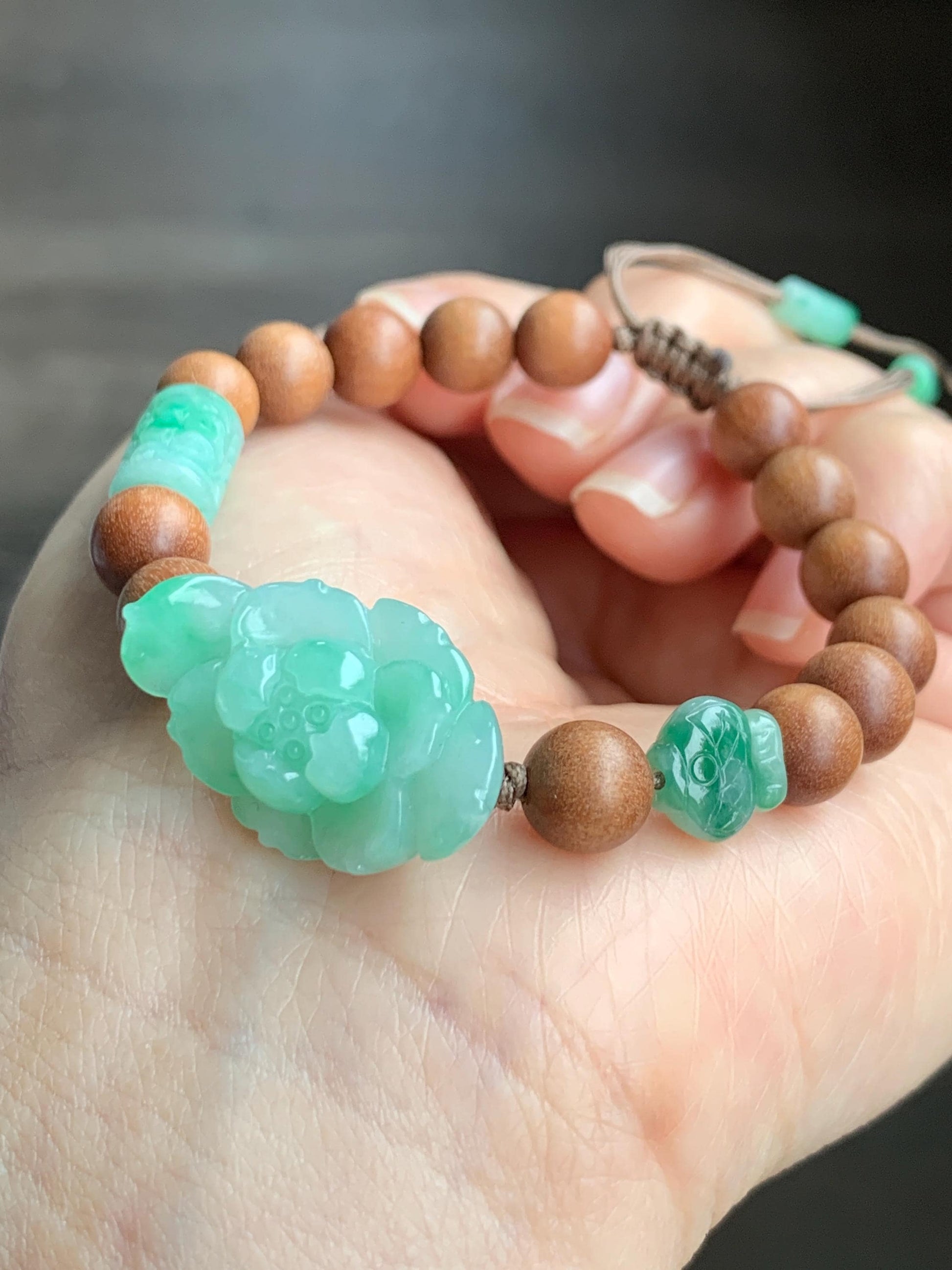 Natural Grade A Icy Translucent Apple Green Jadeite Lotus Flower Barrel Bead Fish Charm Wood Beads Beaded Bracelet