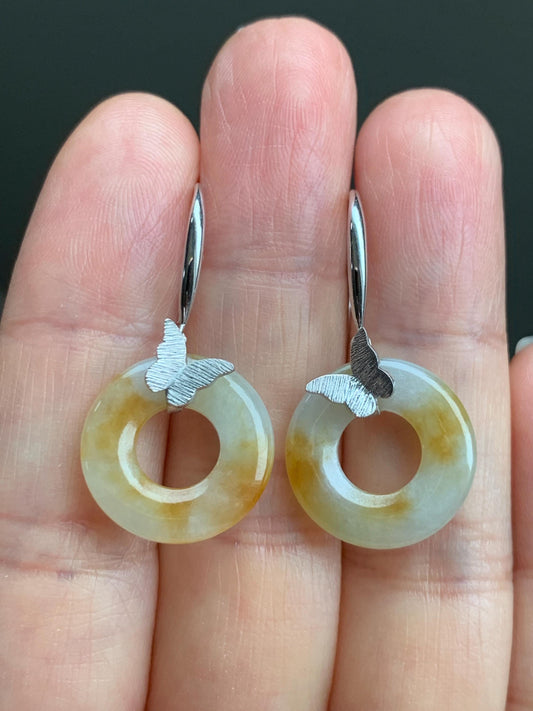 Certified Natural Icy Translucent Beige Yellow Marbled Jadeite Ping An Kou Donut Dangle Earrings Sterling Silver