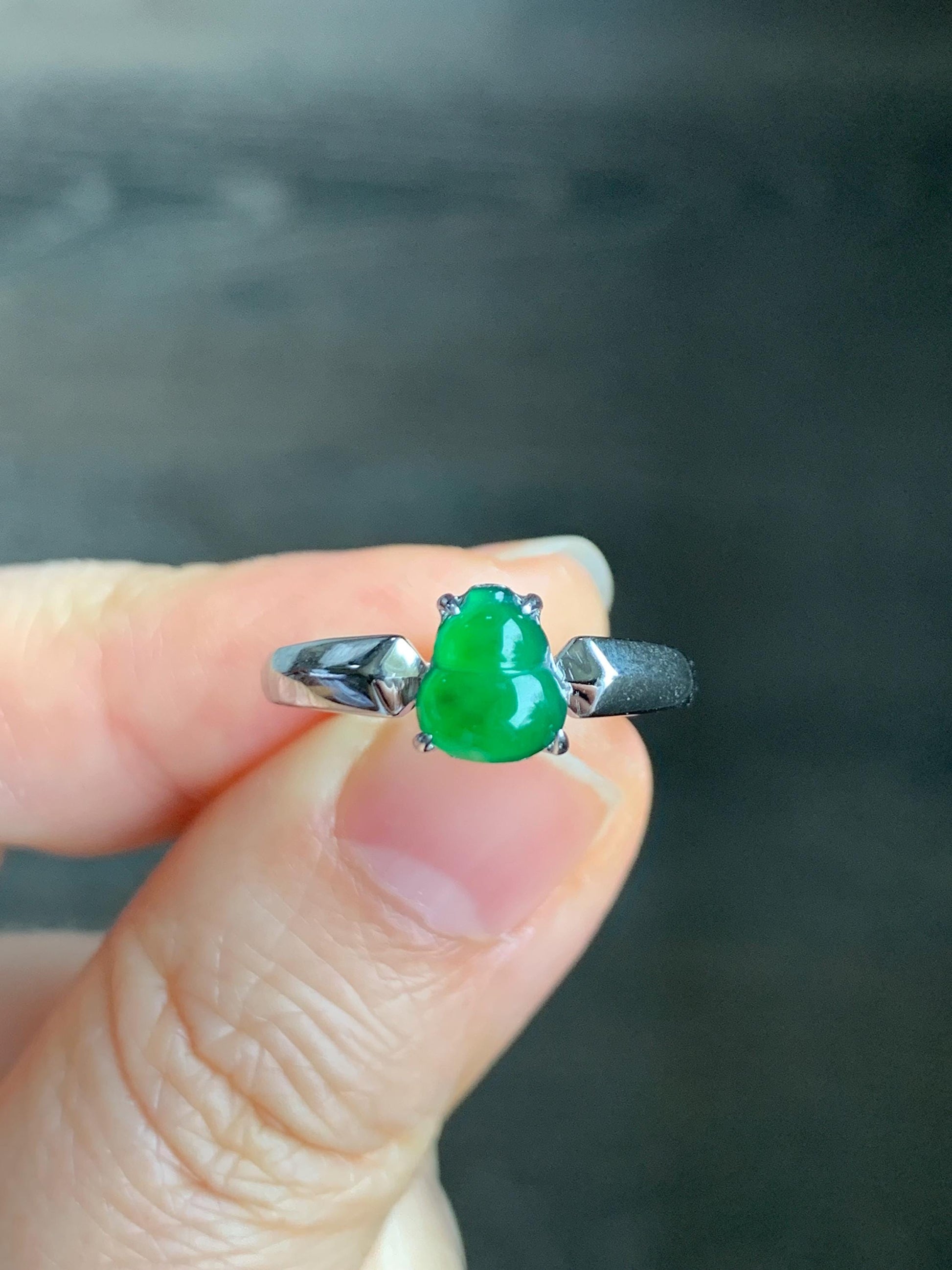 Natural Guatemalan Icy Translucent Vibrant Green Jadeite Gourd Hulu Solitaire Ring Sterling Silver Size 7 Adjustable